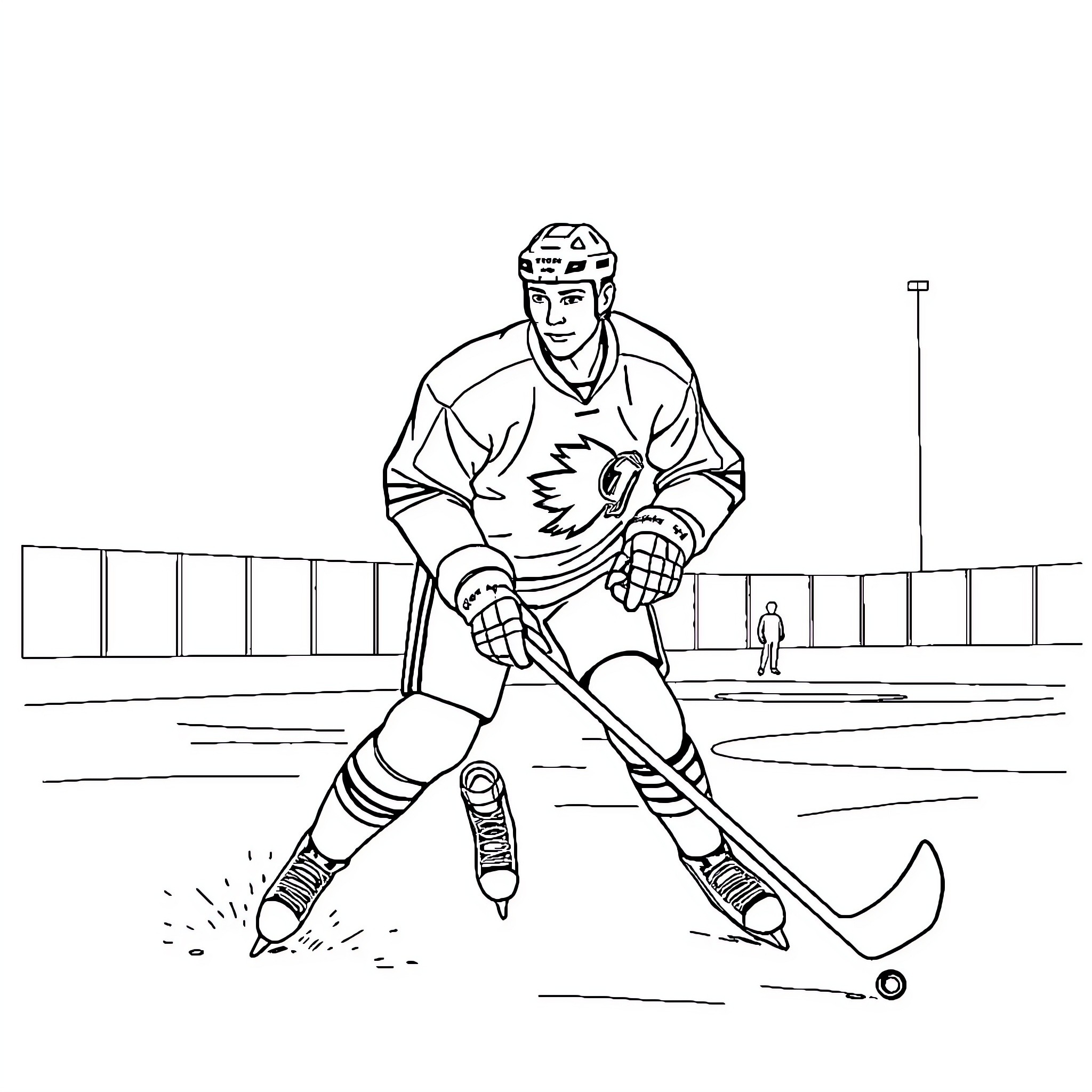 Le Corbusier's hockey player in action on the rink Coloring Page (free black-and-white line drawing printable PDF for all, from beginners to advanced learners, including children, teens, adults, and seniors)