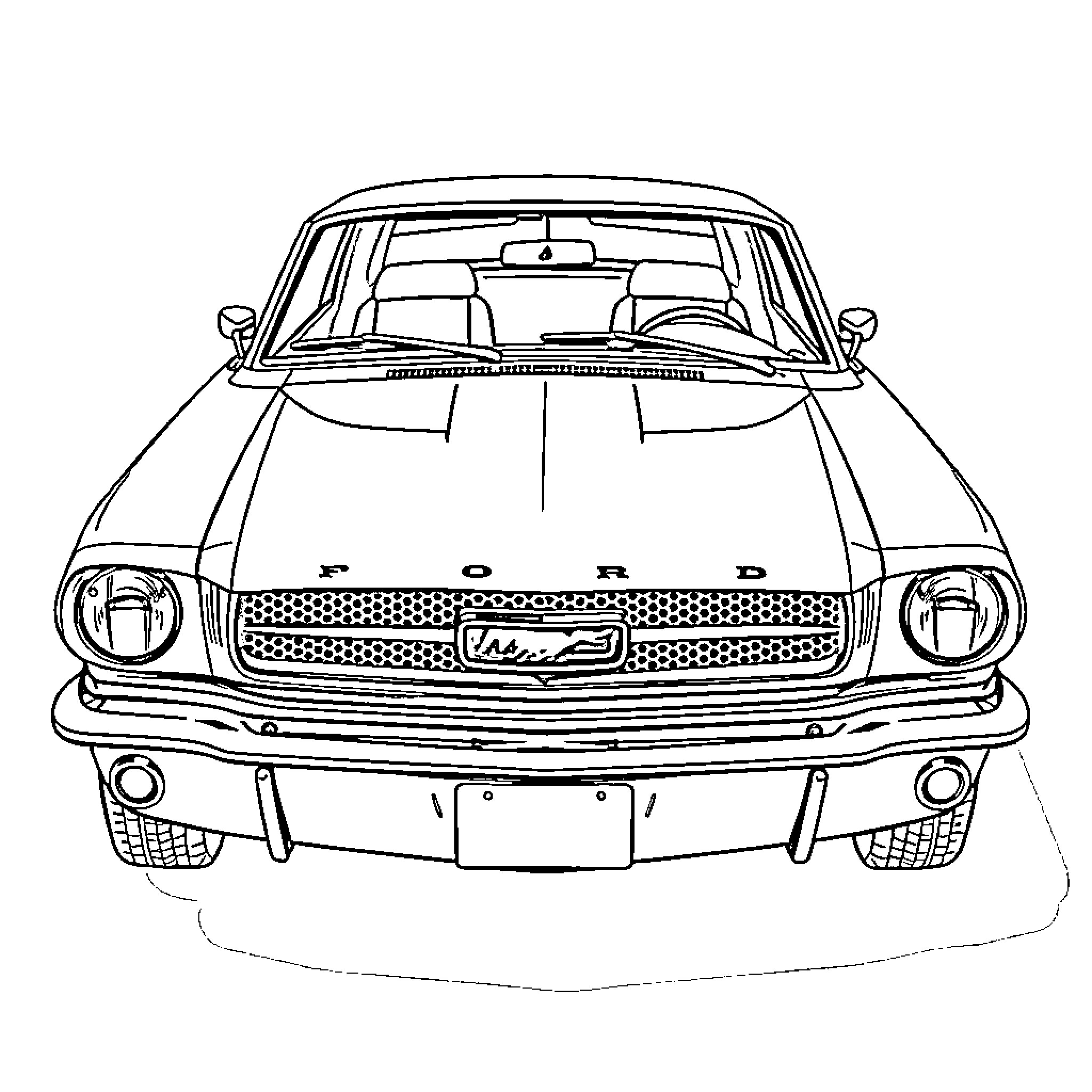 Classic Car Frontal View of a Ford Mustang Coloring Page (free black-and-white line drawing printable PDF for all, from beginners to advanced learners, including children, teens, adults, and seniors)
