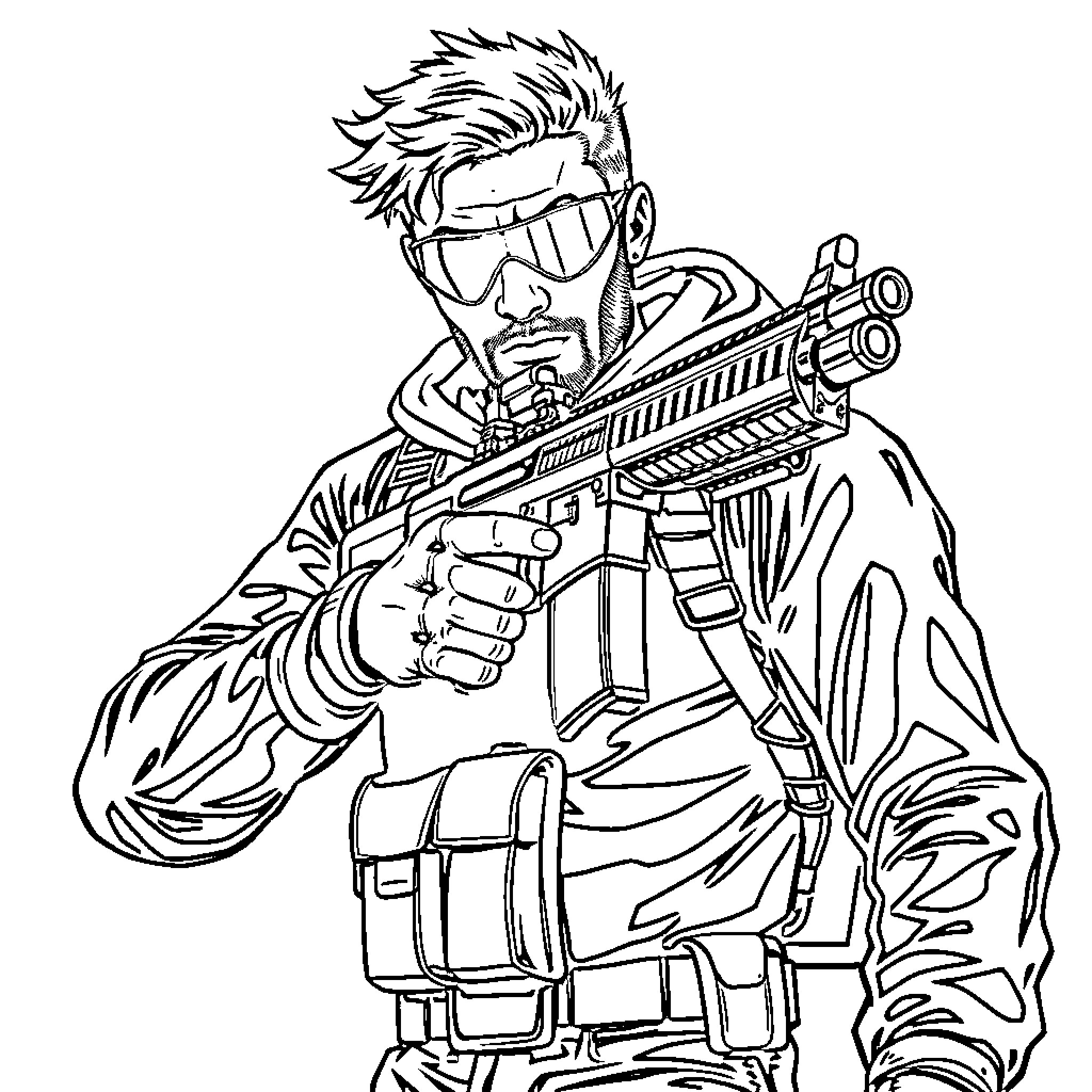 Man aiming tactical weapon with determination Coloring Page (free black-and-white line drawing printable PDF for all, from beginners to advanced learners, including children, teens, adults, and seniors)