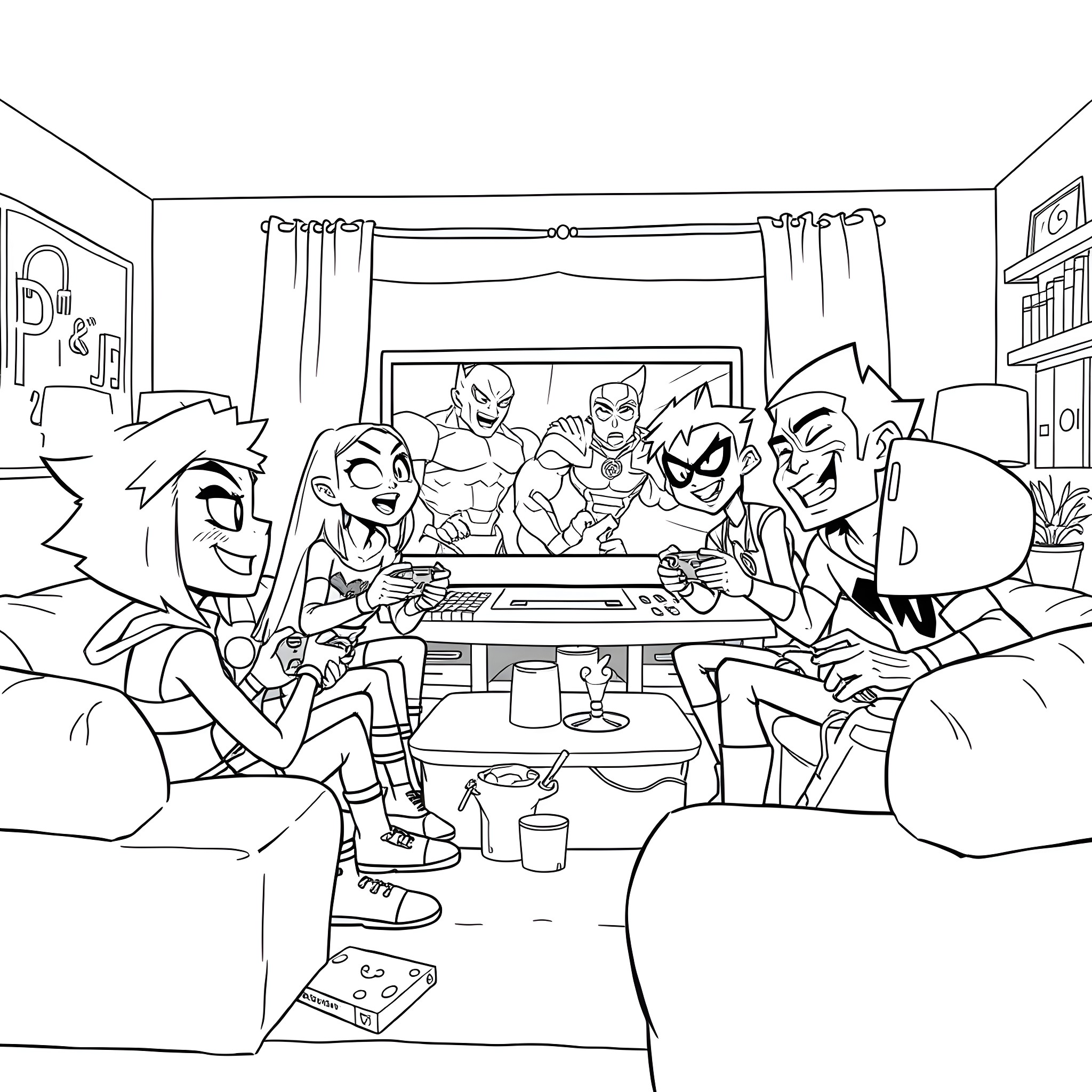 Teen Titans Hanging Out and Gaming Together Coloring Page (free black-and-white line drawing printable PDF for all, from beginners to advanced learners, including children, teens, adults, and seniors)