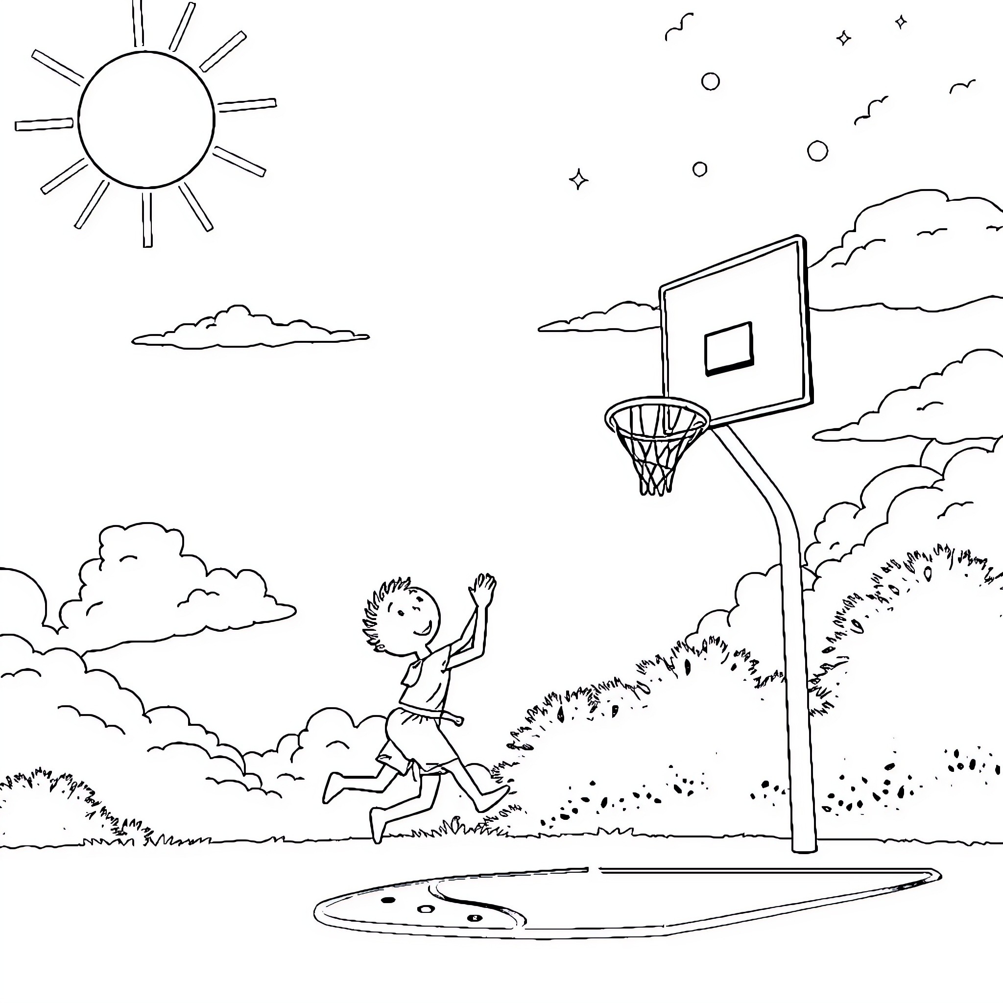 Sun and Moon - Boy playing basketball on the court Coloring Page (free black-and-white line drawing printable PDF for all, from beginners to advanced learners, including children, teens, adults, and seniors)