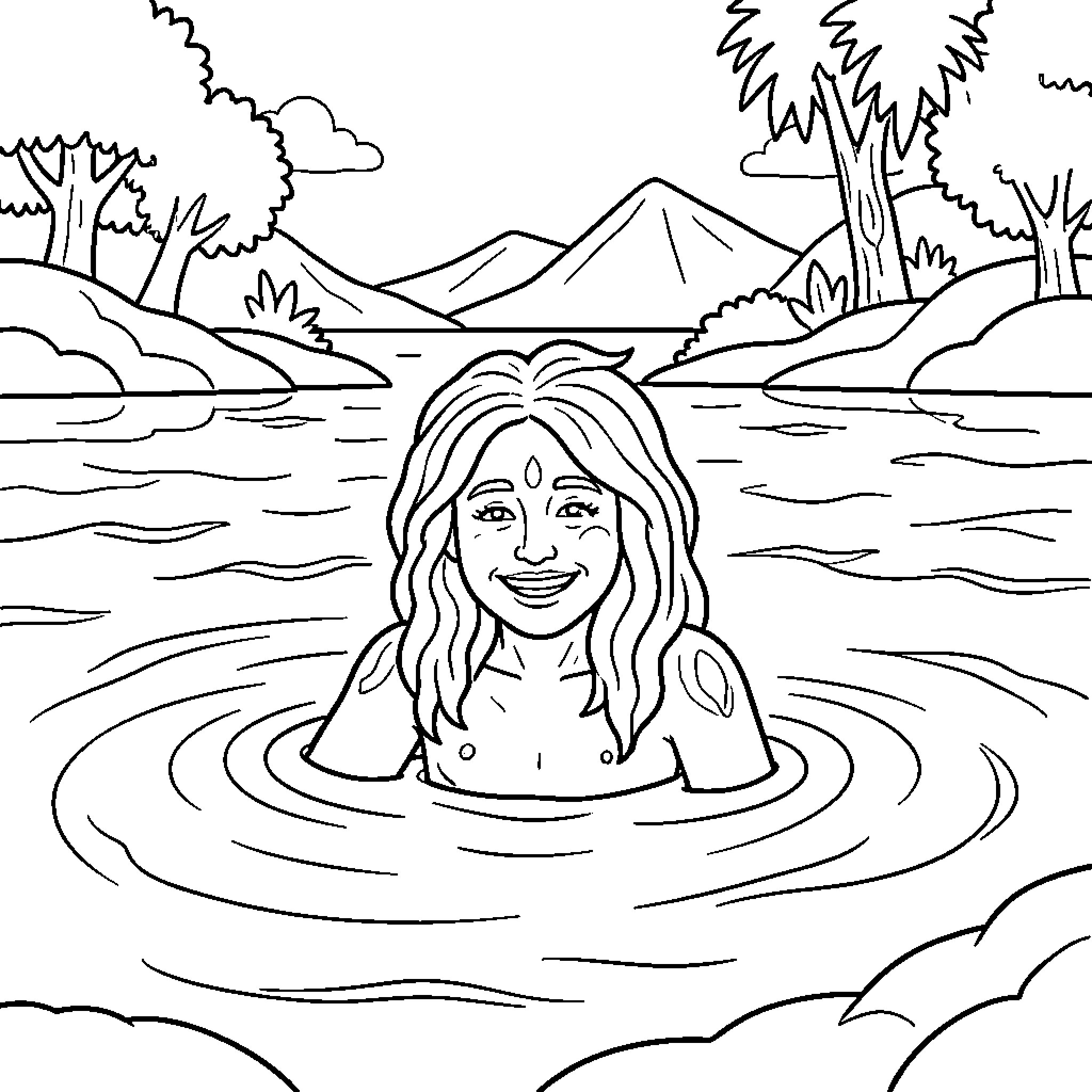 Indalo Woman Relaxing in Serene Nature Coloring Page (free black-and-white line drawing printable PDF for all, from beginners to advanced learners, including children, teens, adults, and seniors)