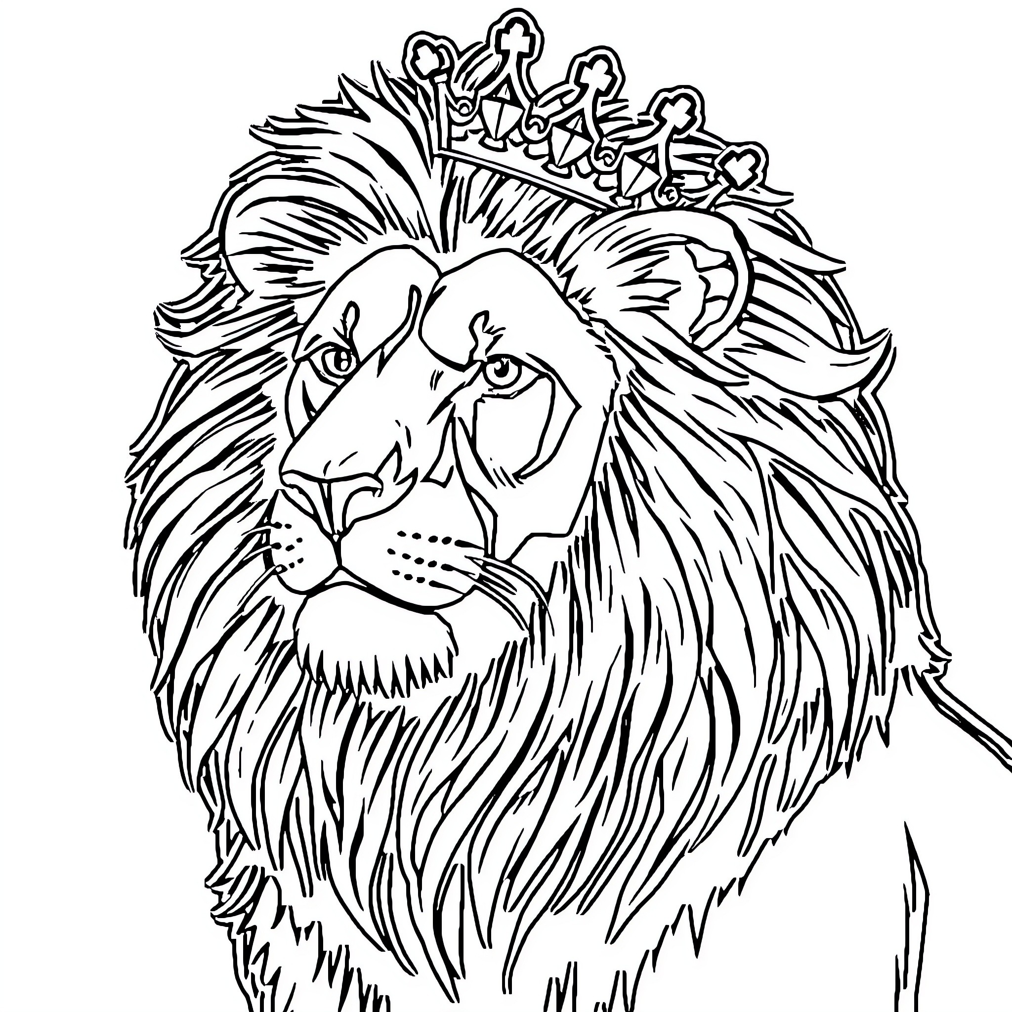Lion with a Majestic Crown Coloring Page (free black-and-white line drawing printable PDF for all, from beginners to advanced learners, including children, teens, adults, and seniors)