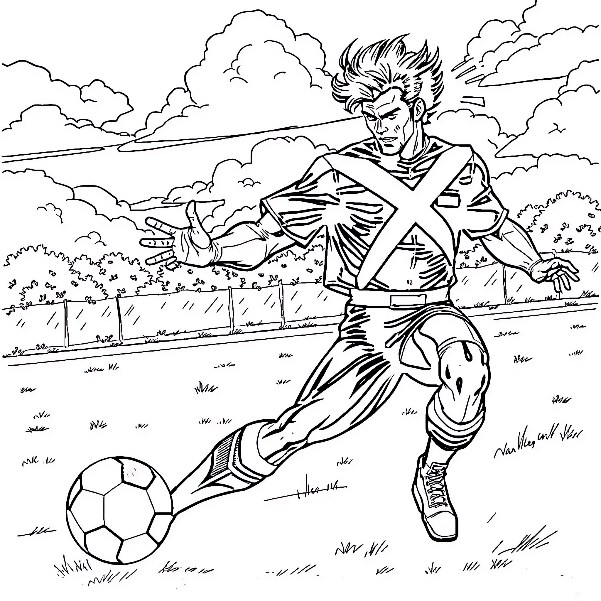 Gambit: Superhero's Energetic Soccer Game Coloring Page (free black-and-white line drawing printable PDF for all, from beginners to advanced learners, including children, teens, adults, and seniors)