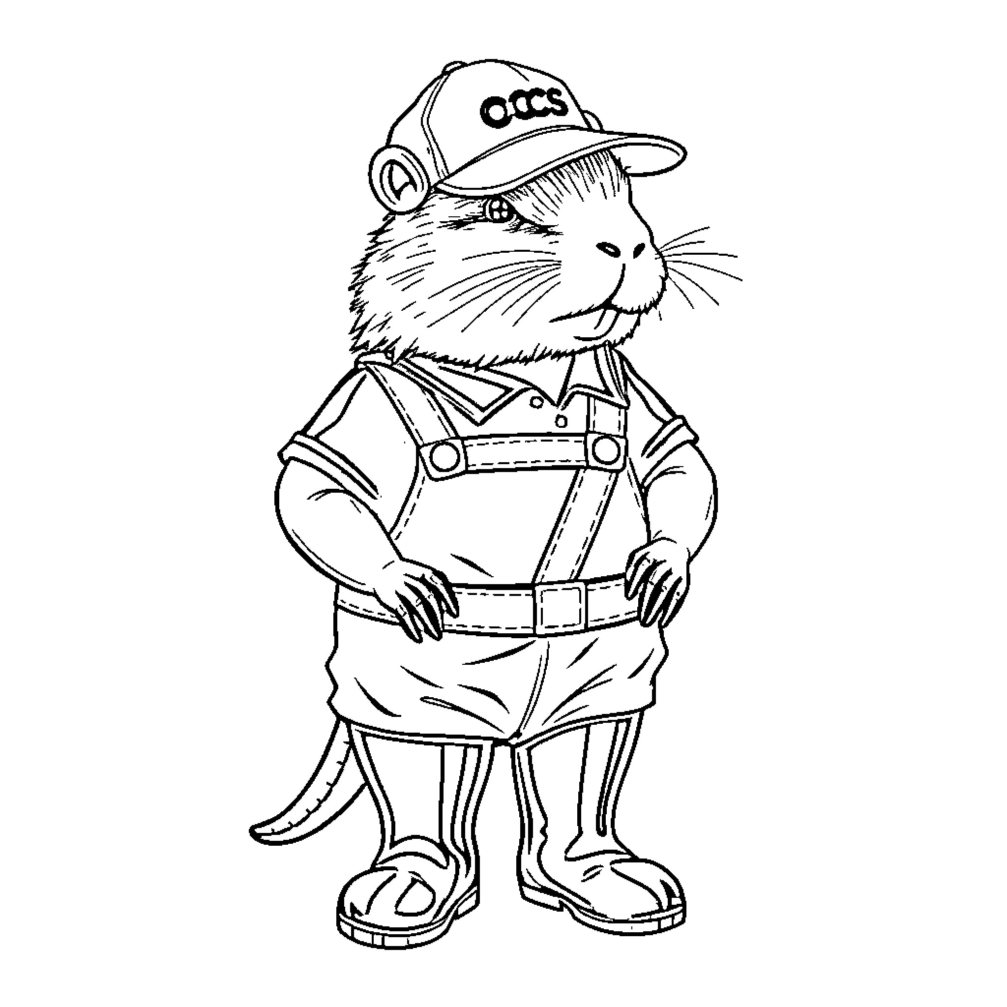 Beaver wearing overalls and a baseball cap Coloring Page (free black-and-white line drawing printable PDF for all, from beginners to advanced learners, including children, teens, adults, and seniors)