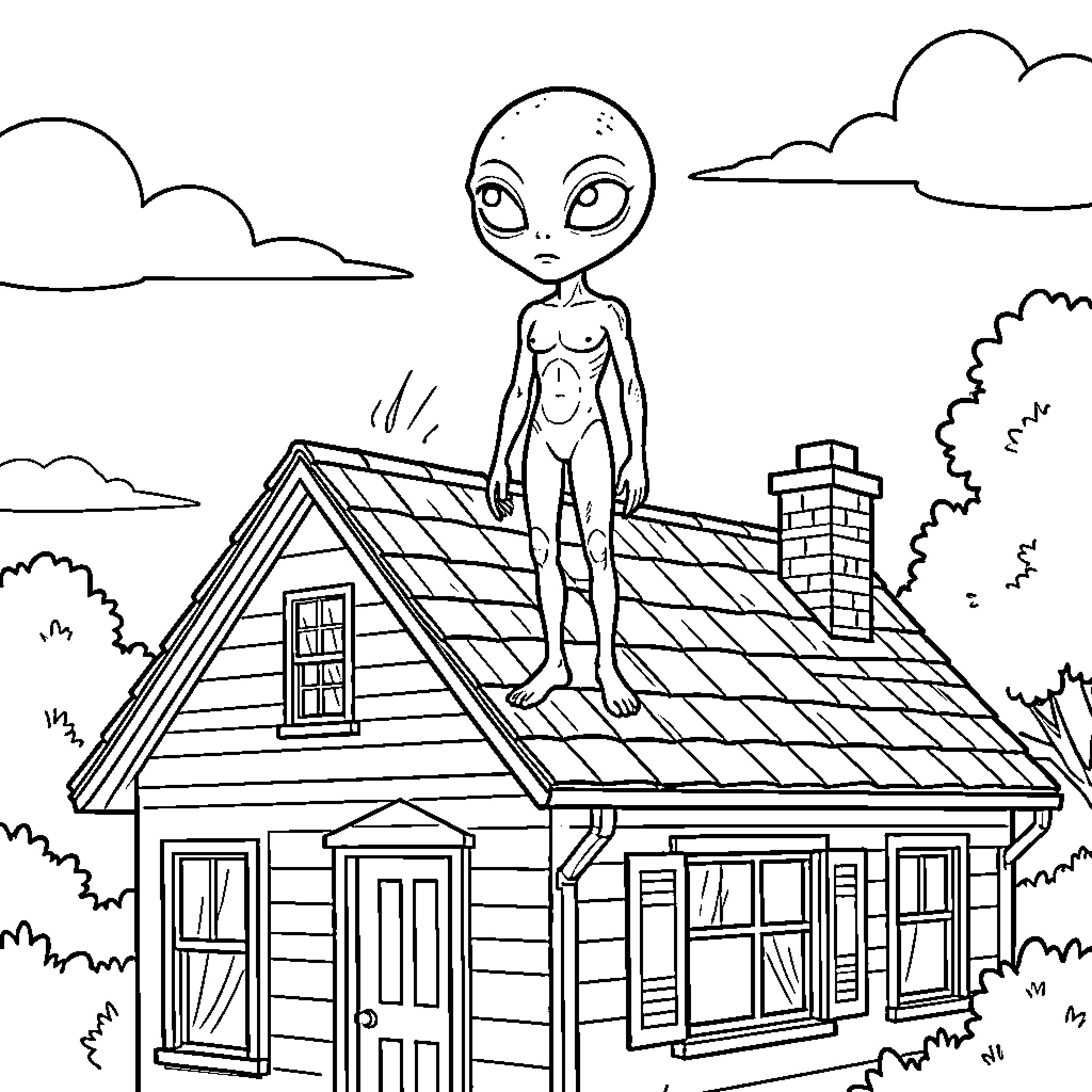 Alien standing calmly on top of a small house Coloring Page (free black-and-white line drawing printable PDF for all, from beginners to advanced learners, including children, teens, adults, and seniors)