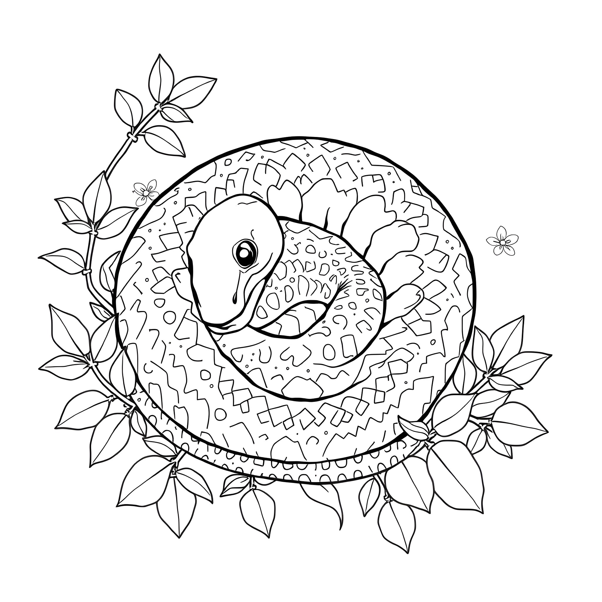 Bothriechis Schlegelii coiled amidst foliage Coloring Page (free black-and-white line drawing printable PDF for all, from beginners to advanced learners, including children, teens, adults, and seniors)