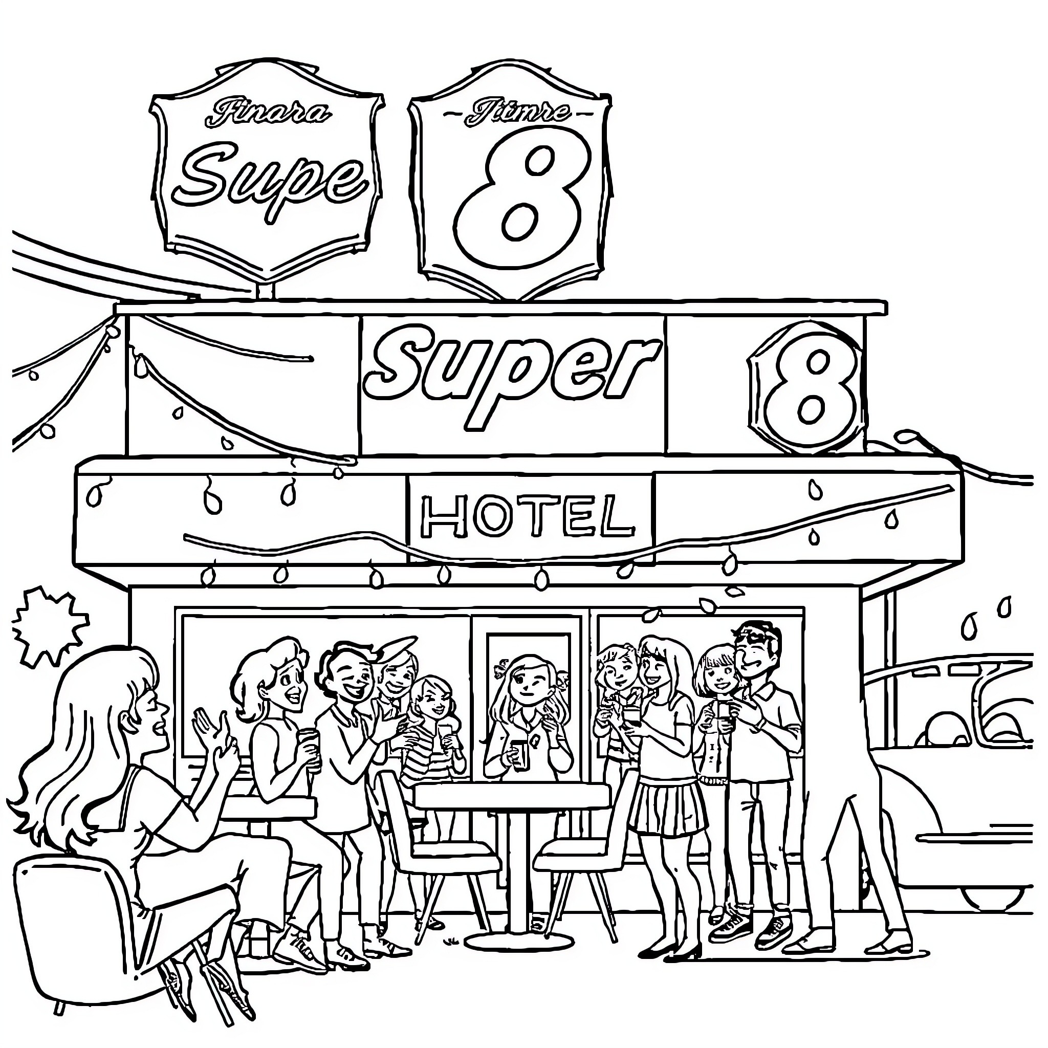 Hotel Super 8 with Lively Guests Coloring Page (free black-and-white line drawing printable PDF for all, from beginners to advanced learners, including children, teens, adults, and seniors)