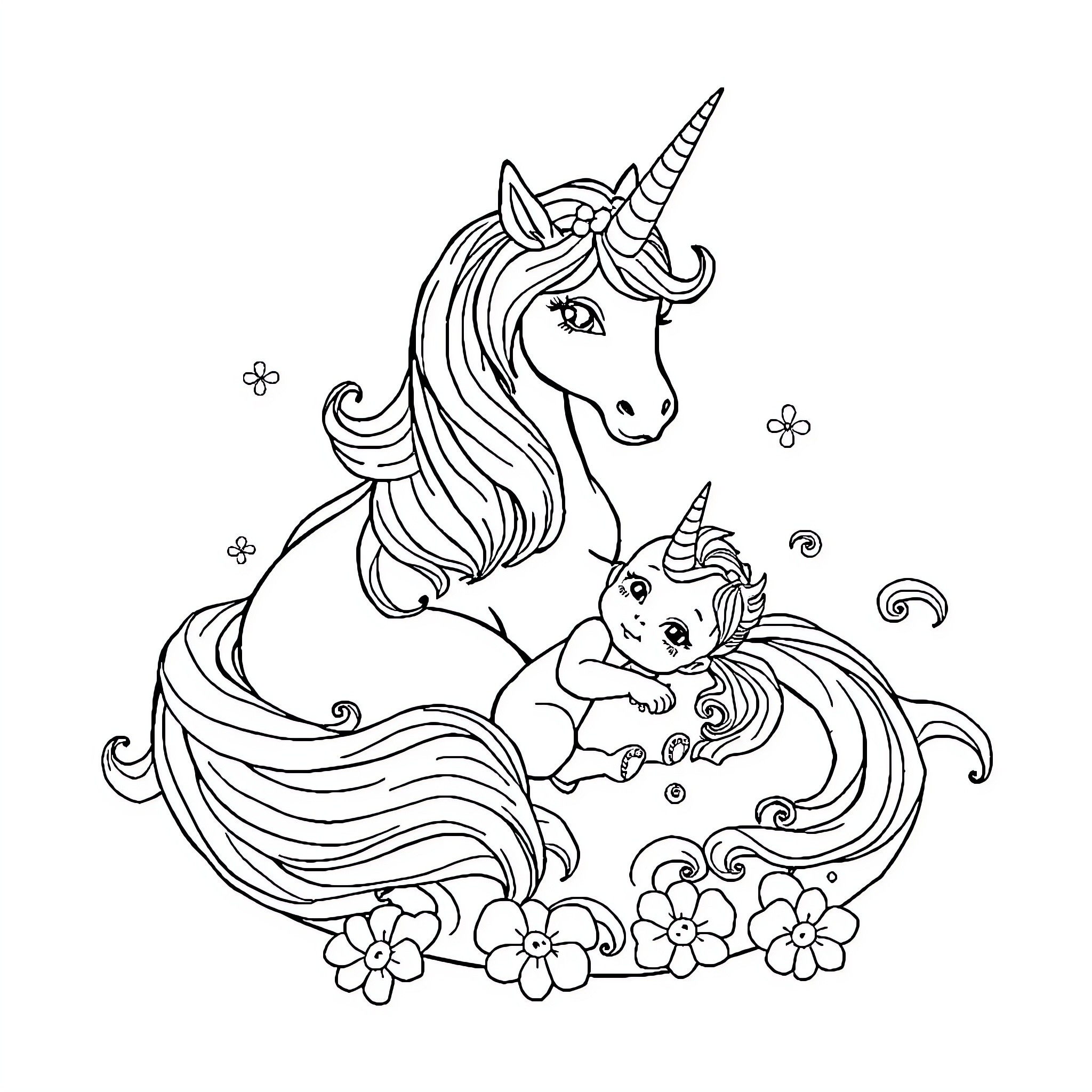 Unicorn caring for baby unicorn in magical garden Coloring Page (free black-and-white line drawing printable PDF for all, from beginners to advanced learners, including children, teens, adults, and seniors)
