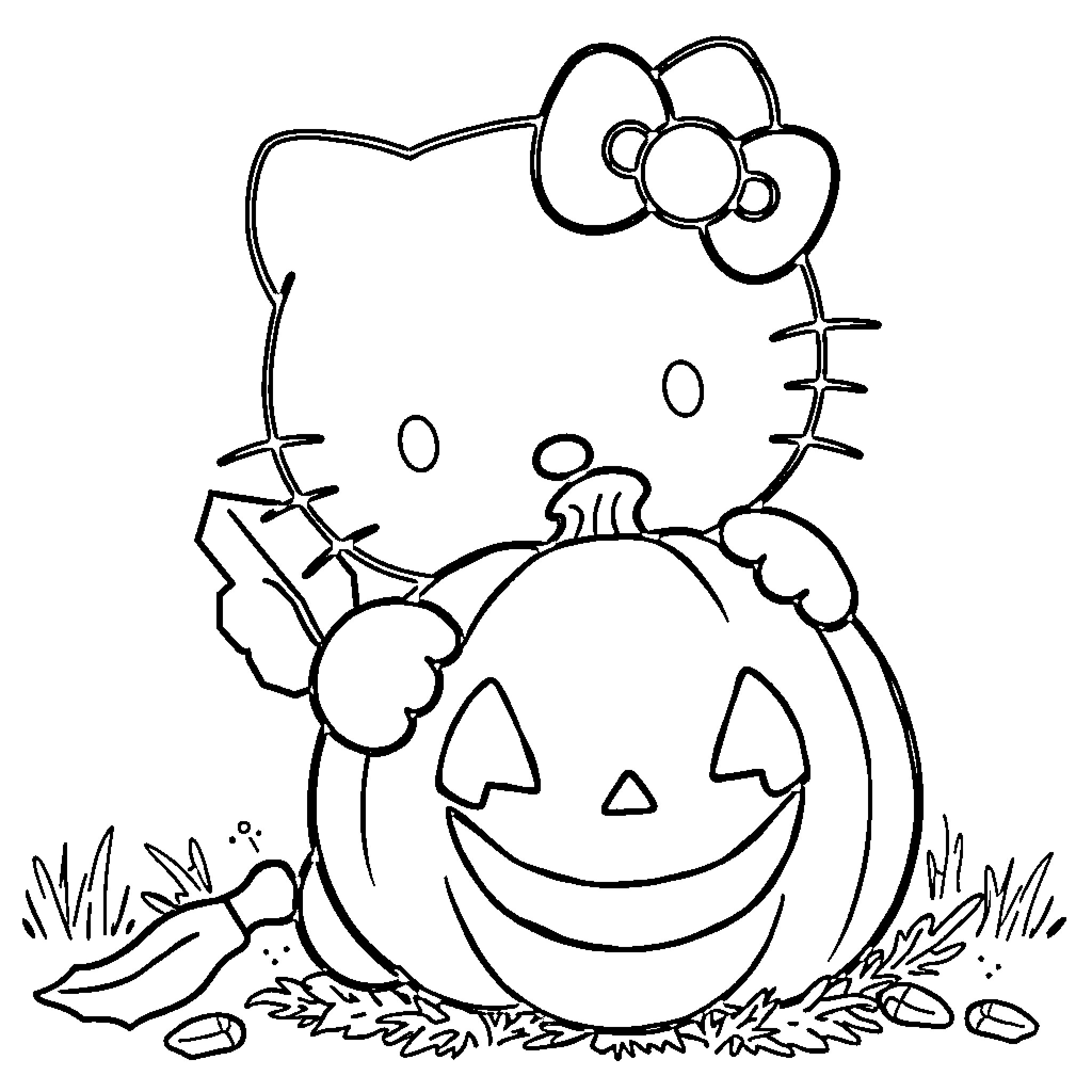 Hello Kitty enjoying the autumn pumpkin patch Coloring Page (free black-and-white line drawing printable PDF for all, from beginners to advanced learners, including children, teens, adults, and seniors)