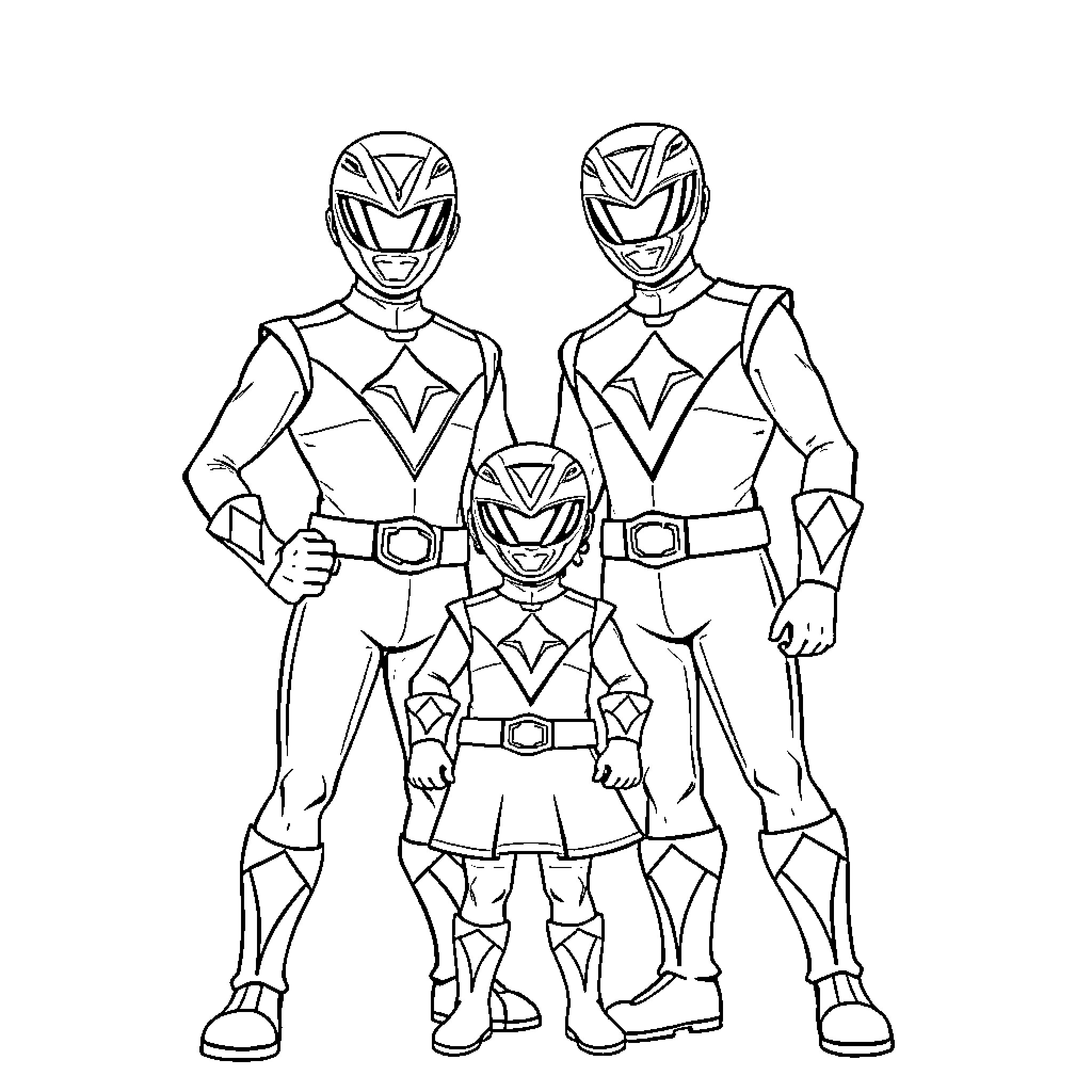 Power Rangers in heroic poses Coloring Page (free black-and-white line drawing printable PDF for all, from beginners to advanced learners, including children, teens, adults, and seniors)