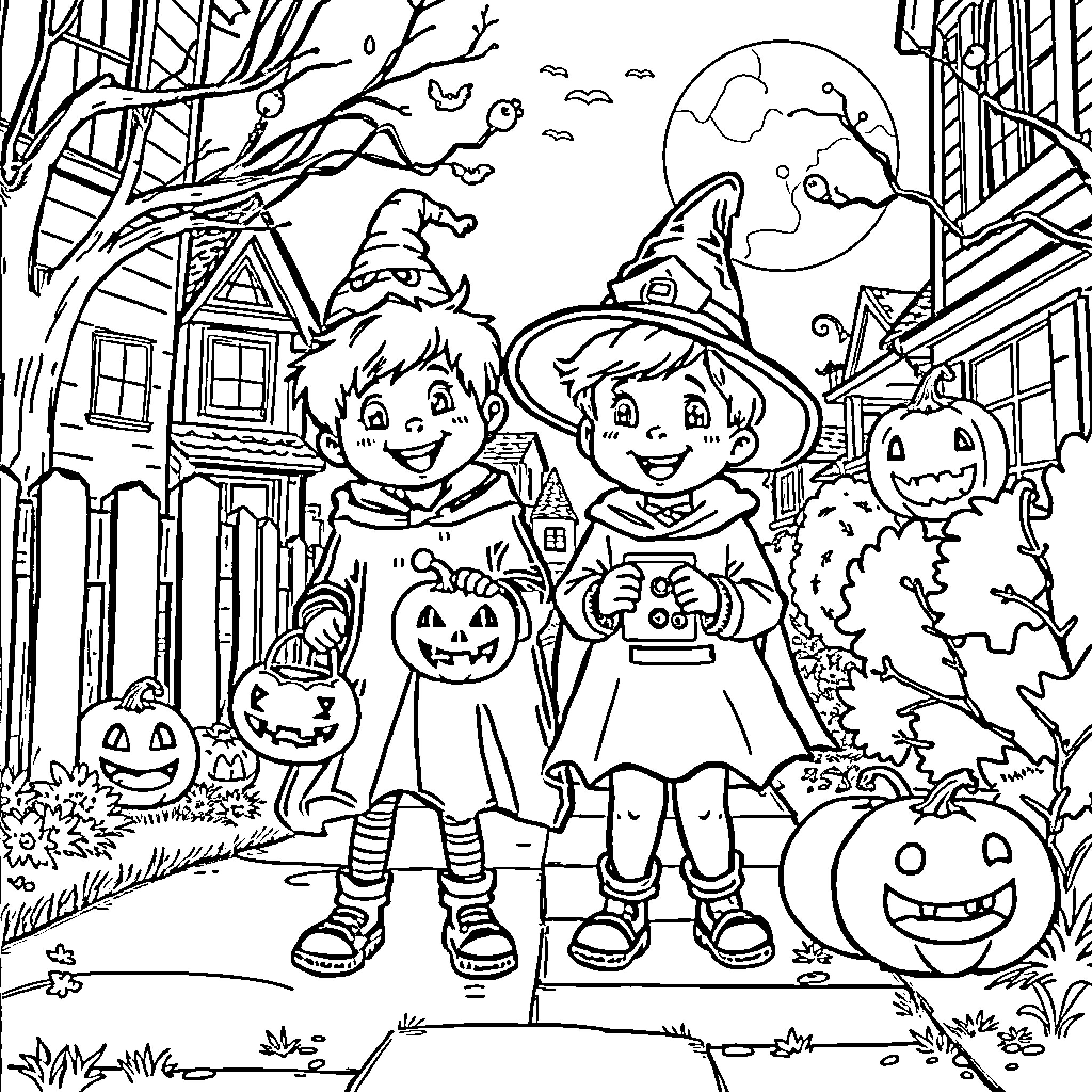 Kids Trick-or-Treating on Halloween Night Coloring Page (free black-and-white line drawing printable PDF for all, from beginners to advanced learners, including children, teens, adults, and seniors)