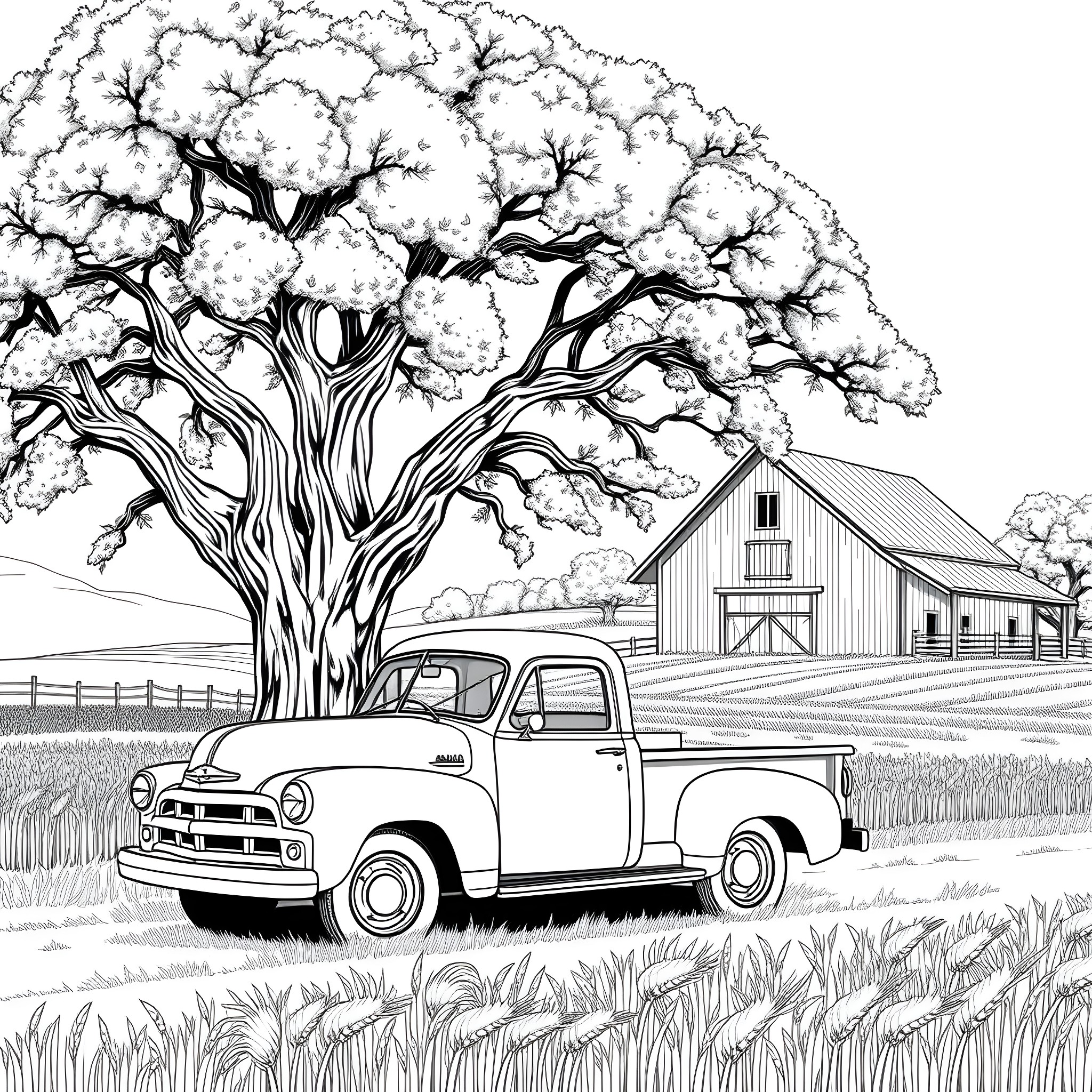 Pickup Truck in Pastoral Countryside Coloring Page (free black-and-white line drawing printable PDF for all, from beginners to advanced learners, including children, teens, adults, and seniors)