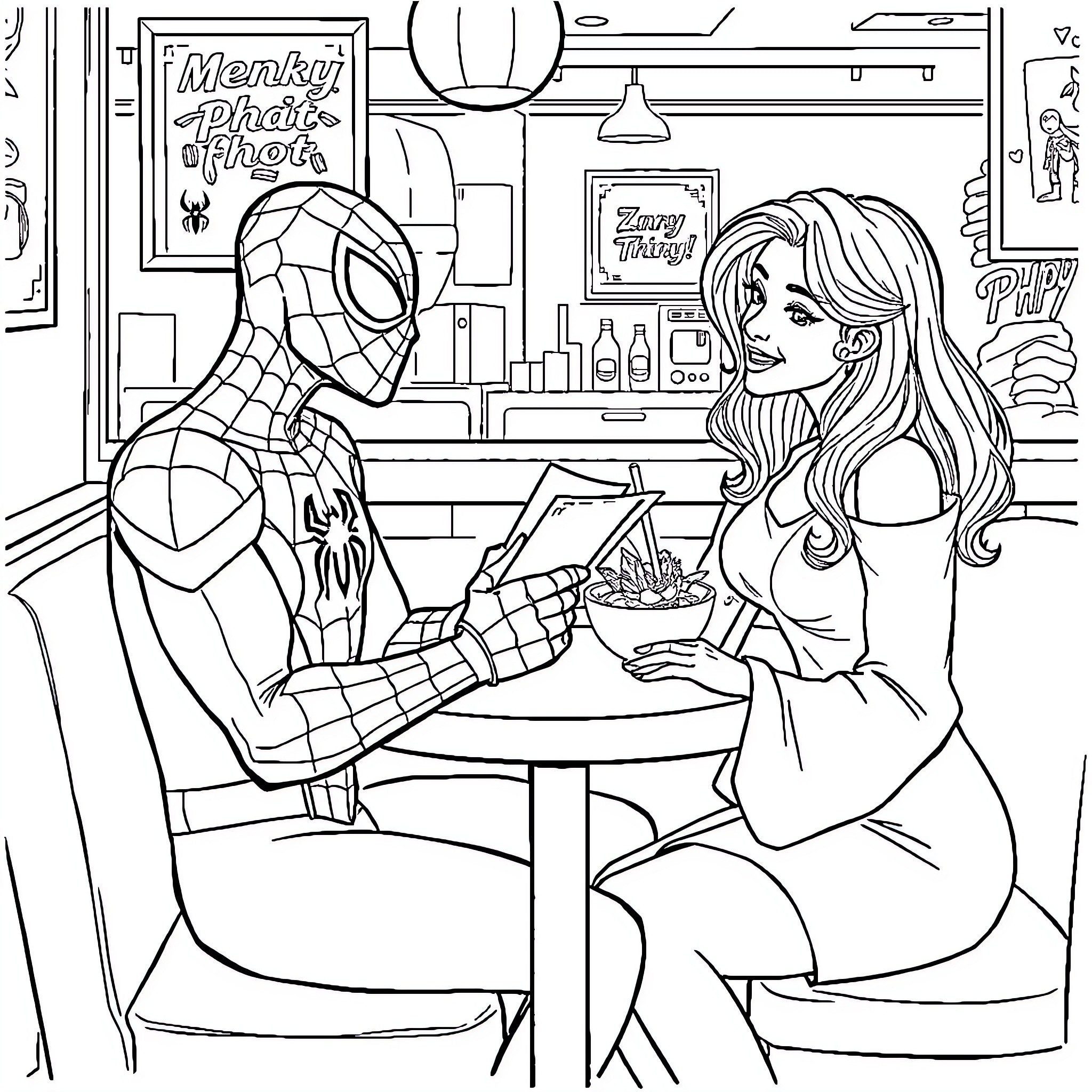 Spiderman enjoying a friendly conversation at a diner Coloring Page (free black-and-white line drawing printable PDF for all, from beginners to advanced learners, including children, teens, adults, and seniors)