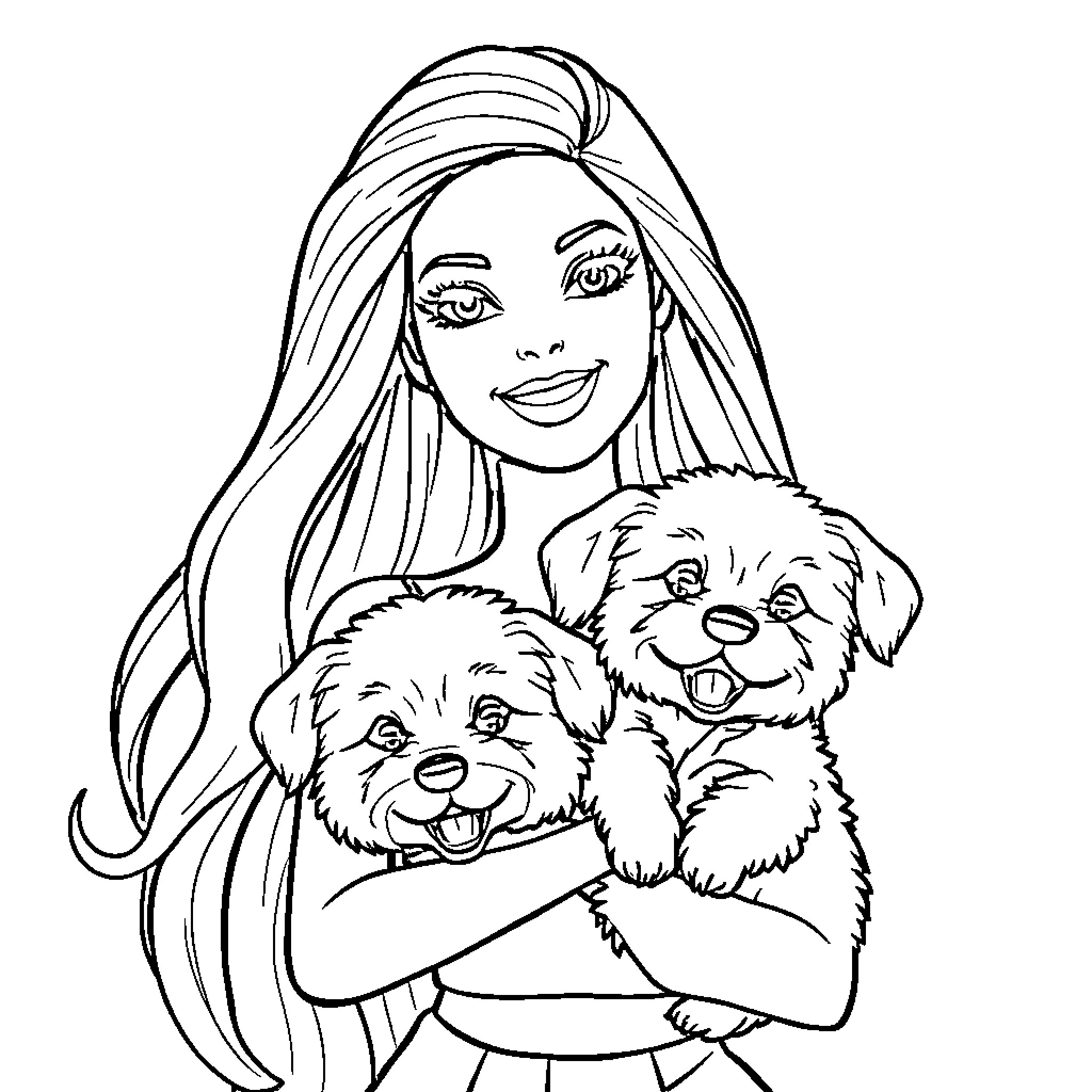 Barbie posing with cute puppies Coloring Page (free black-and-white line drawing printable PDF for all, from beginners to advanced learners, including children, teens, adults, and seniors)