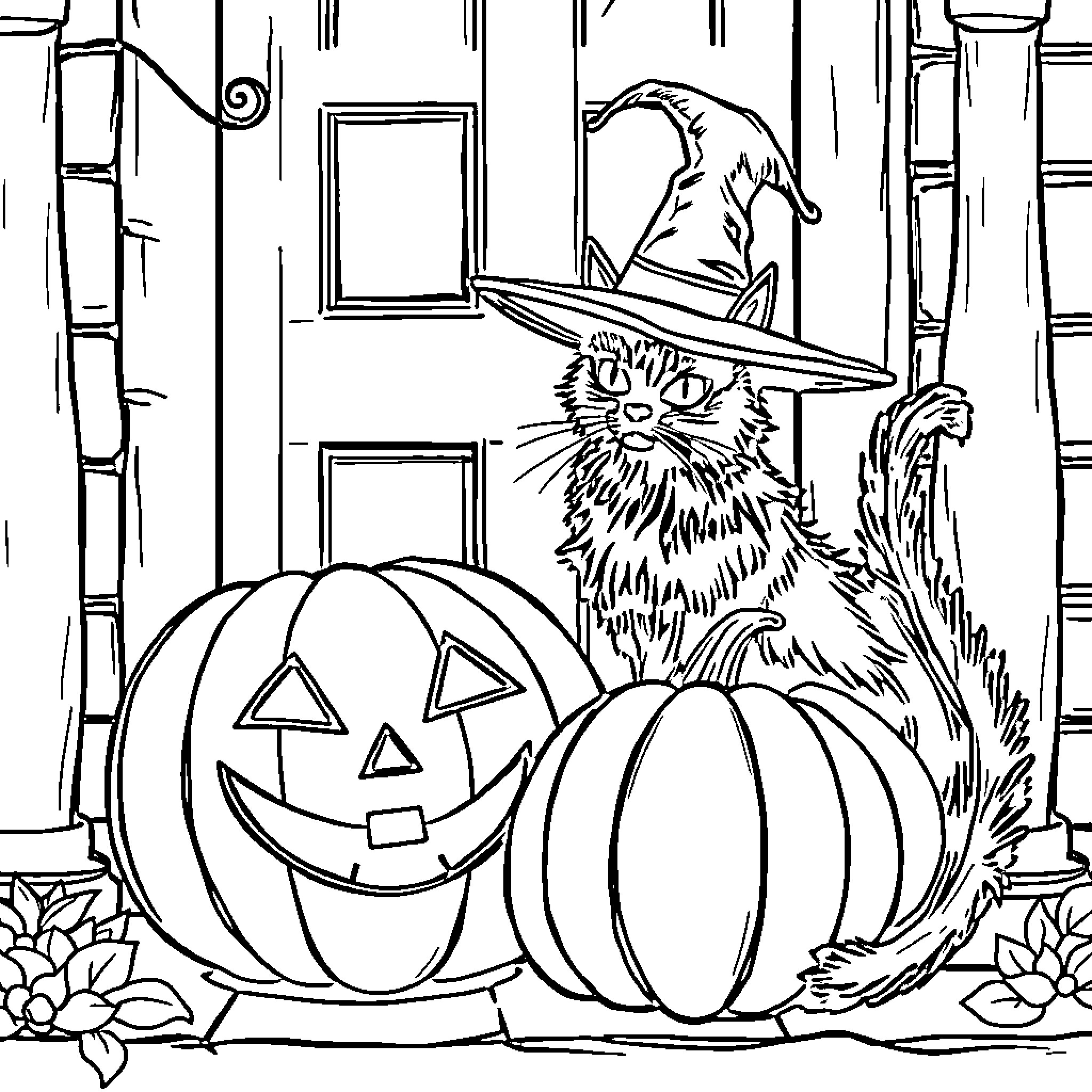 Pumpkin Patch with Festive Cat Coloring Page (free black-and-white line drawing printable PDF for all, from beginners to advanced learners, including children, teens, adults, and seniors)