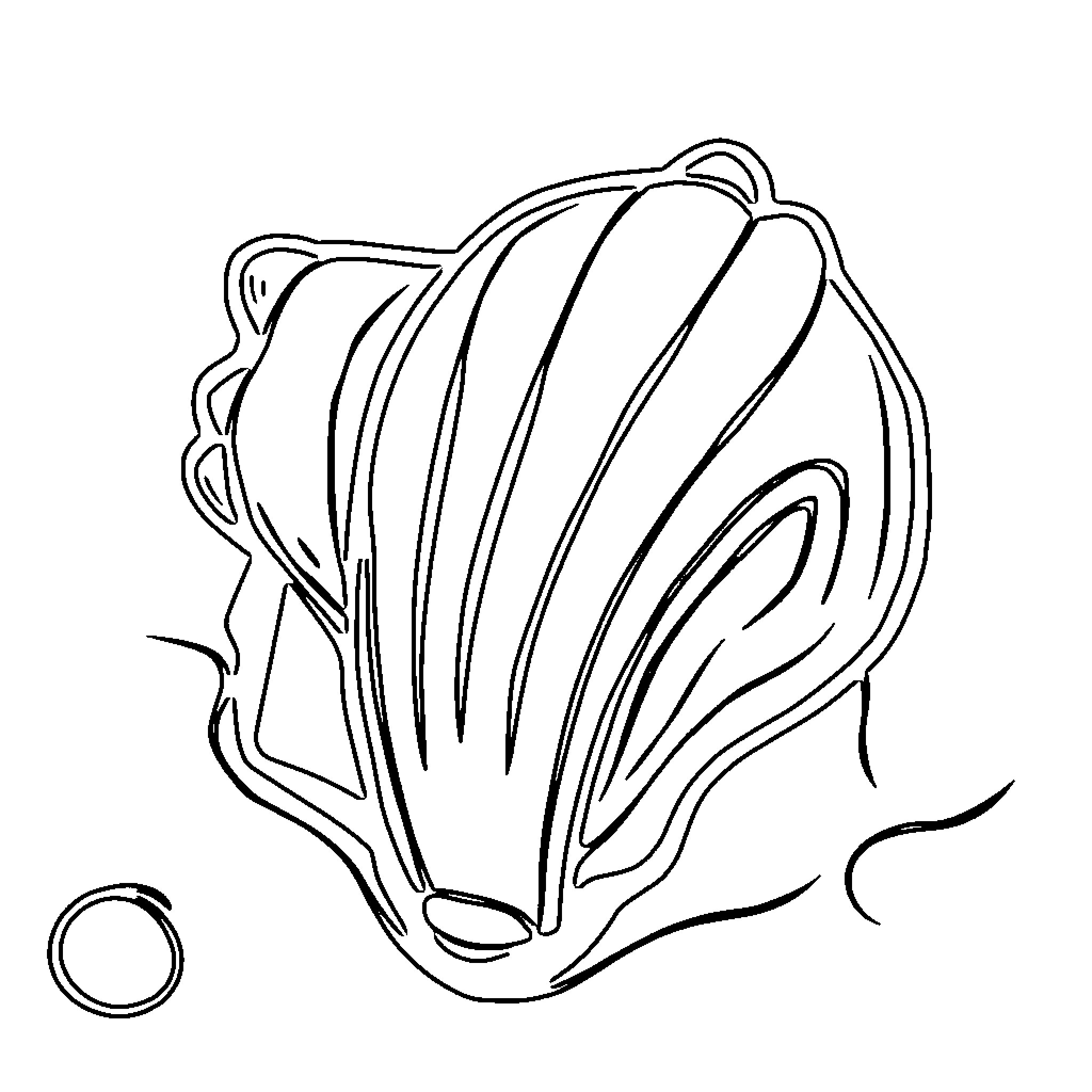 Conch Shell Resting on the Beach Coloring Page (free black-and-white line drawing printable PDF for all, from beginners to advanced learners, including children, teens, adults, and seniors)