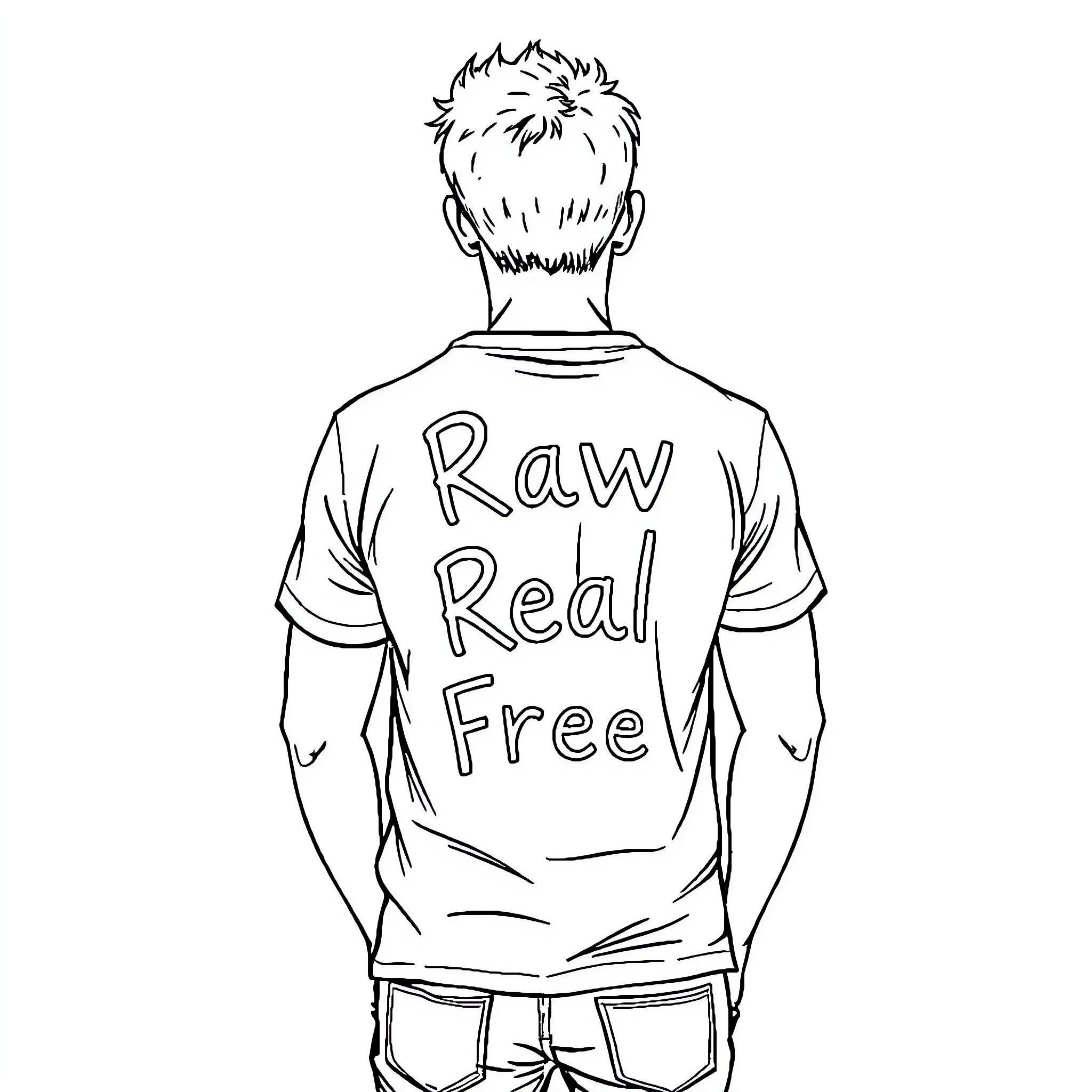 Guy in casual outfit with text on his back Coloring Page (free black-and-white line drawing printable PDF for all, from beginners to advanced learners, including children, teens, adults, and seniors)