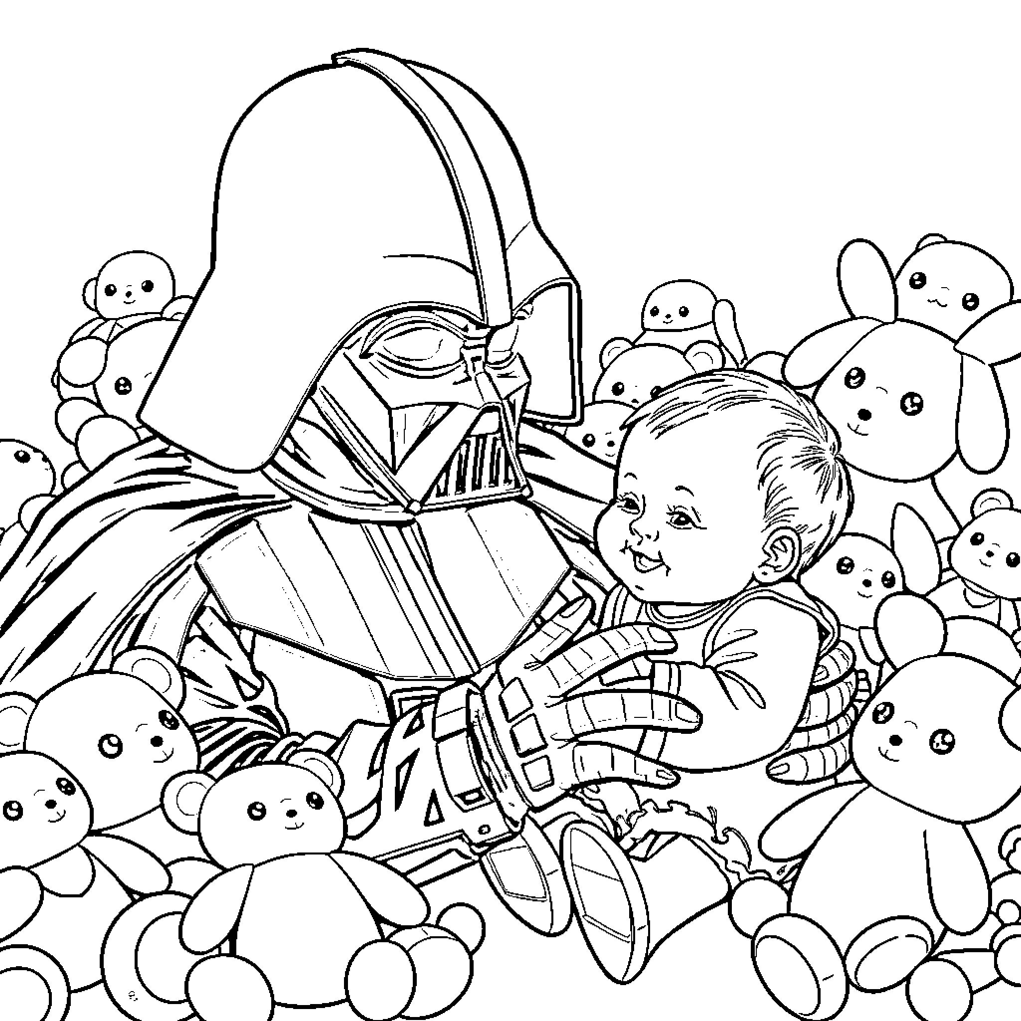 Darth Vader surrounded by playful stuffed animals Coloring Page (free black-and-white line drawing printable PDF for all, from beginners to advanced learners, including children, teens, adults, and seniors)