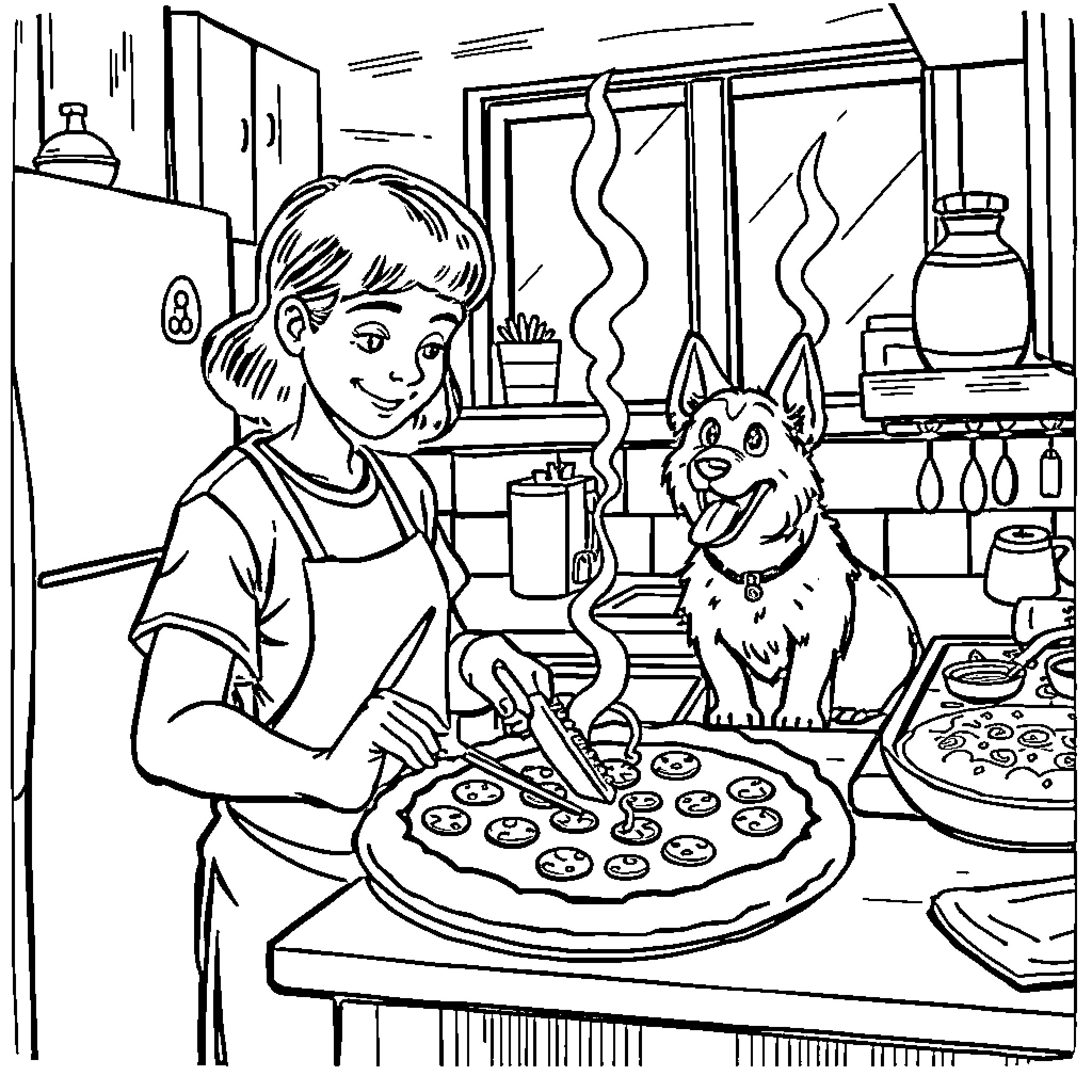 Dog Enjoying Homemade Pizza with Owner Coloring Page (free black-and-white line drawing printable PDF for all, from beginners to advanced learners, including children, teens, adults, and seniors)