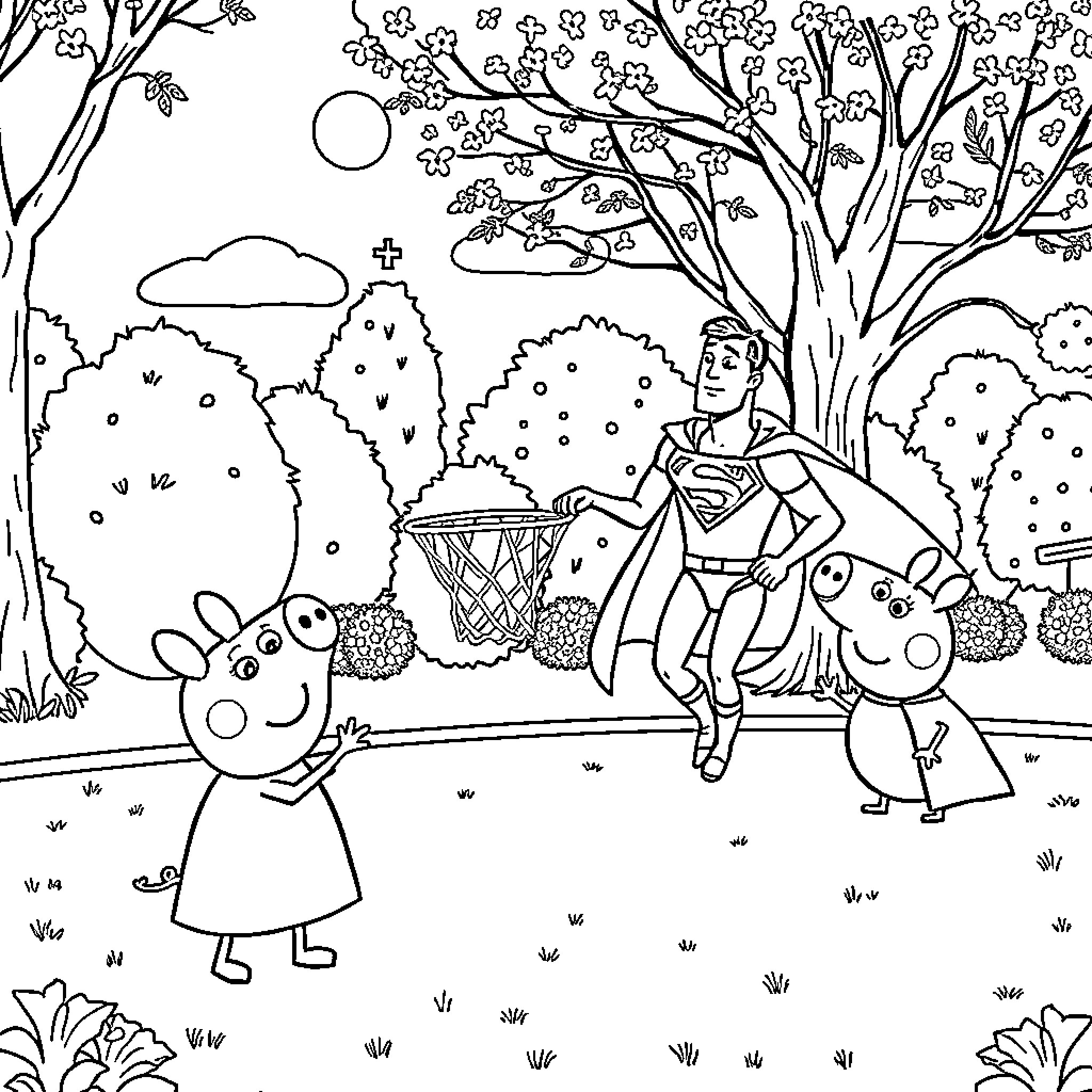 Paw Patrol characters playing in the park Coloring Page (free black-and-white line drawing printable PDF for all, from beginners to advanced learners, including children, teens, adults, and seniors)