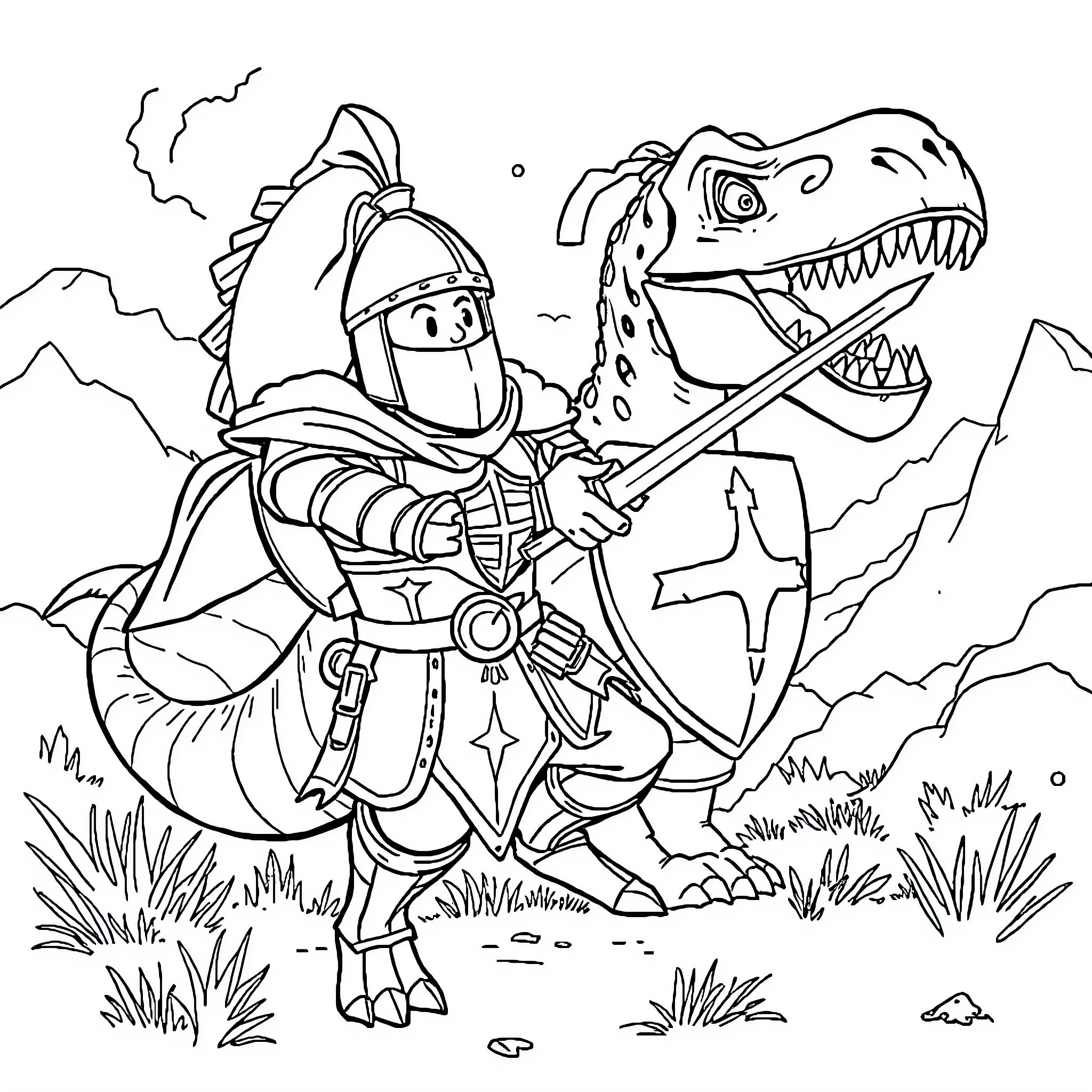 Spongebob knight battles a fearsome dinosaur Coloring Page (free black-and-white line drawing printable PDF for all, from beginners to advanced learners, including children, teens, adults, and seniors)