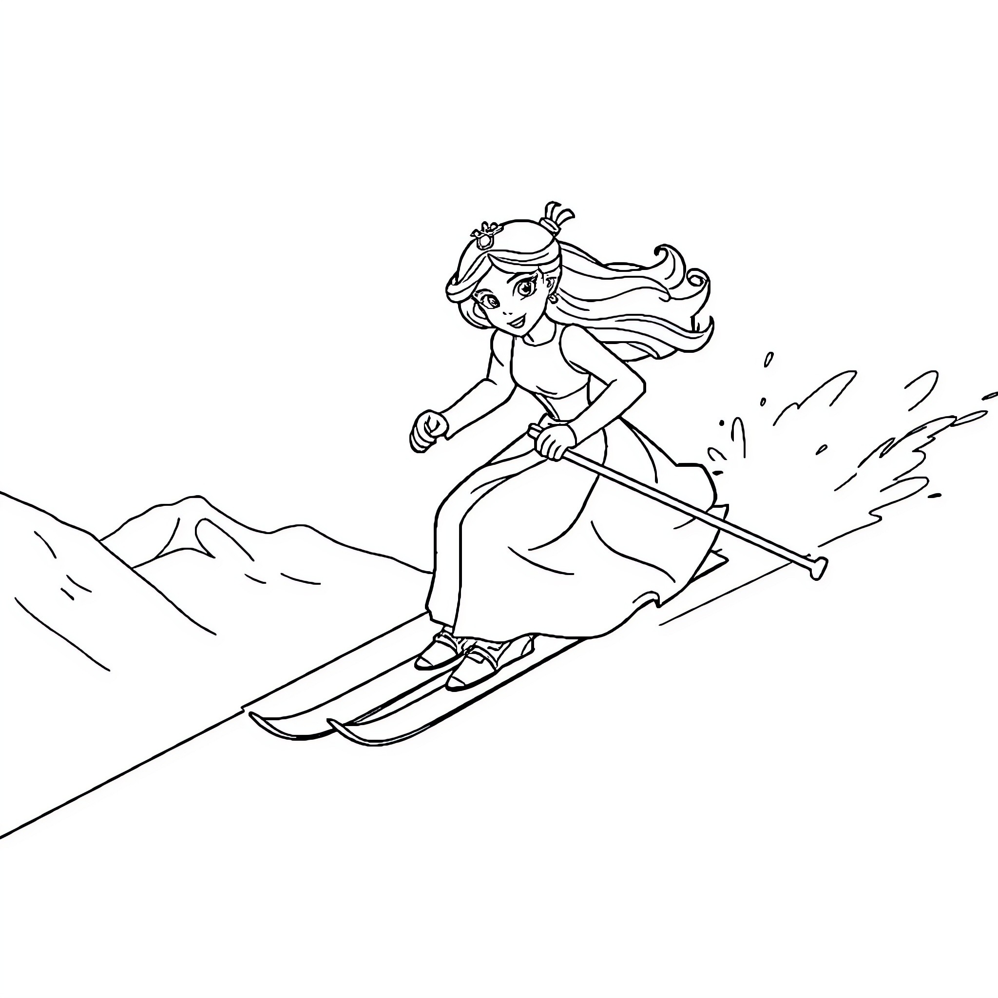 Princess Skiing Down the Snowy Mountain Coloring Page (free black-and-white line drawing printable PDF for all, from beginners to advanced learners, including children, teens, adults, and seniors)