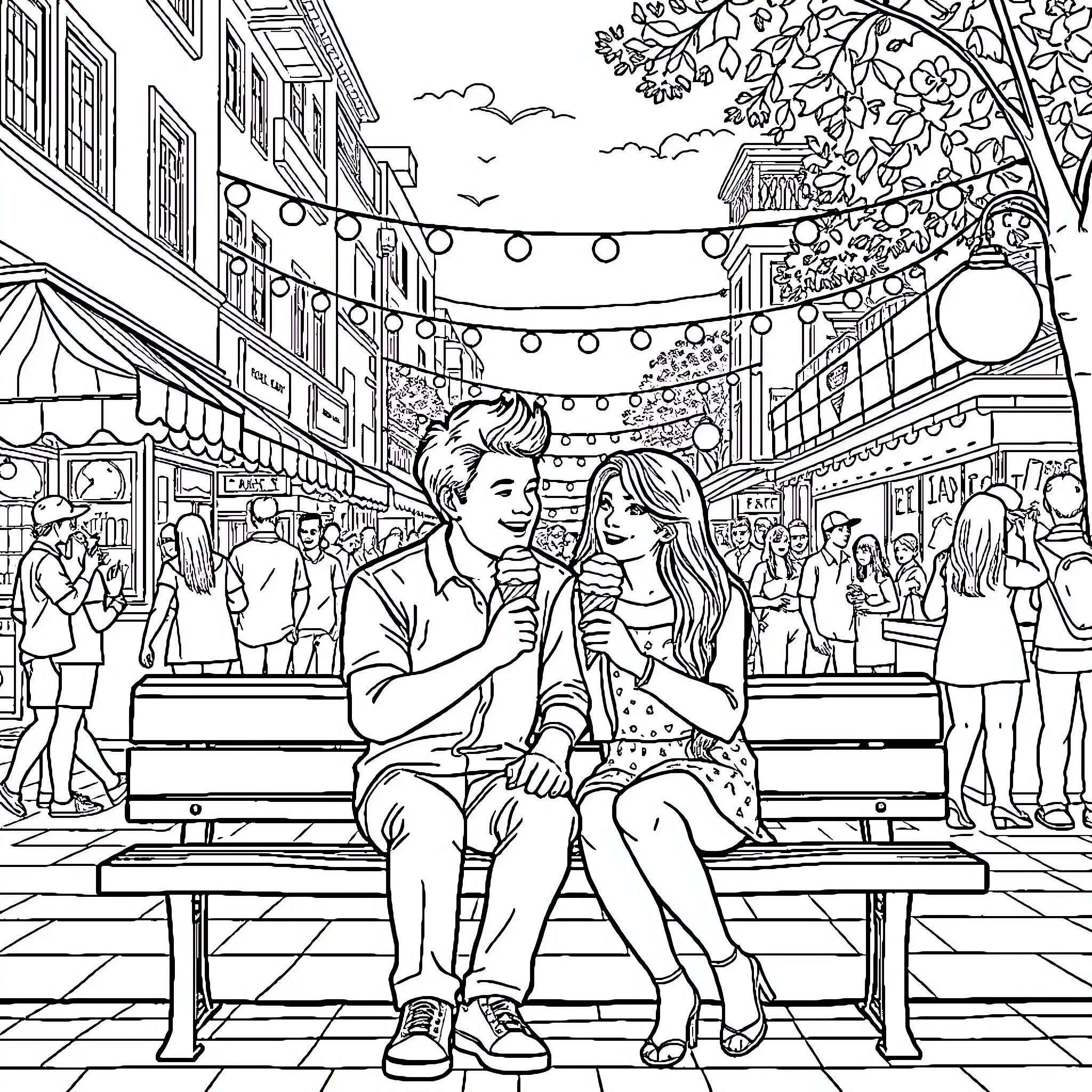 Couple enjoying a lively outdoor marketplace Coloring Page (free black-and-white line drawing printable PDF for all, from beginners to advanced learners, including children, teens, adults, and seniors)