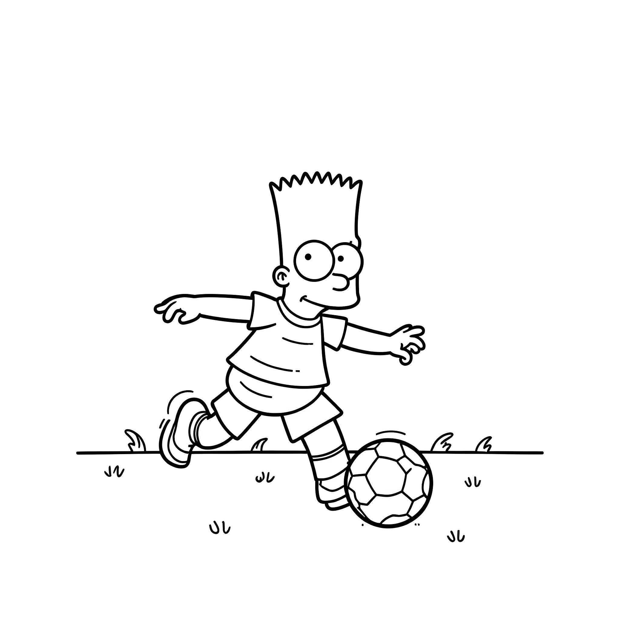Bart Simpson playing soccer joyfully Coloring Page (free black-and-white line drawing printable PDF for all, from beginners to advanced learners, including children, teens, adults, and seniors)