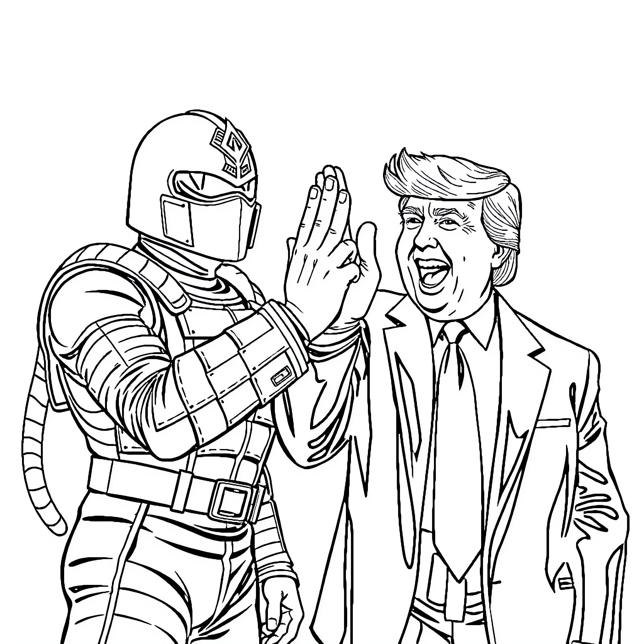 Cobra Commander and Trump Confrontation in Formal Attire Coloring Page (free black-and-white line drawing printable PDF for all, from beginners to advanced learners, including children, teens, adults, and seniors)