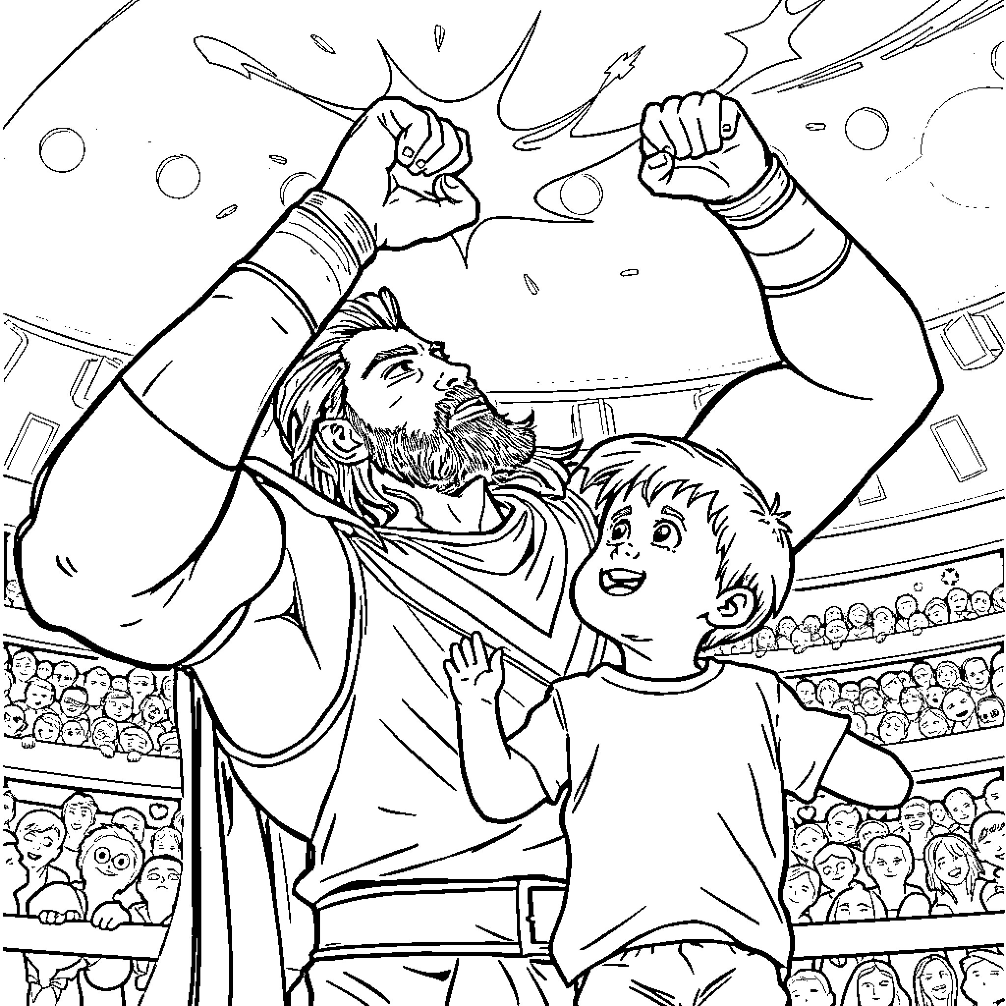 Roman Reigns celebrating victory with a young fan Coloring Page (free black-and-white line drawing printable PDF for all, from beginners to advanced learners, including children, teens, adults, and seniors)