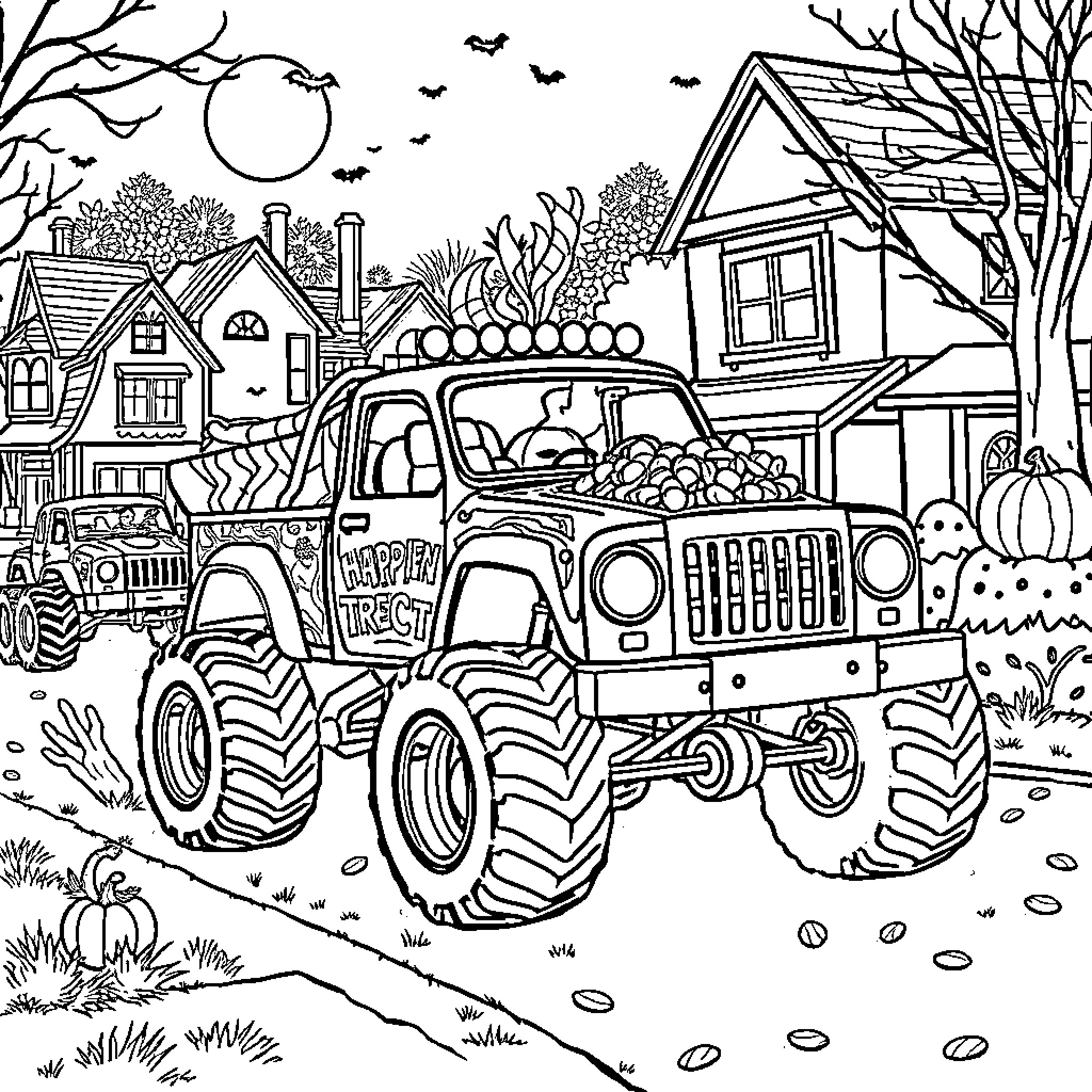 Monster Truck Crushing Pumpkins in Autumn Neighborhood Coloring Page (free black-and-white line drawing printable PDF for all, from beginners to advanced learners, including children, teens, adults, and seniors)