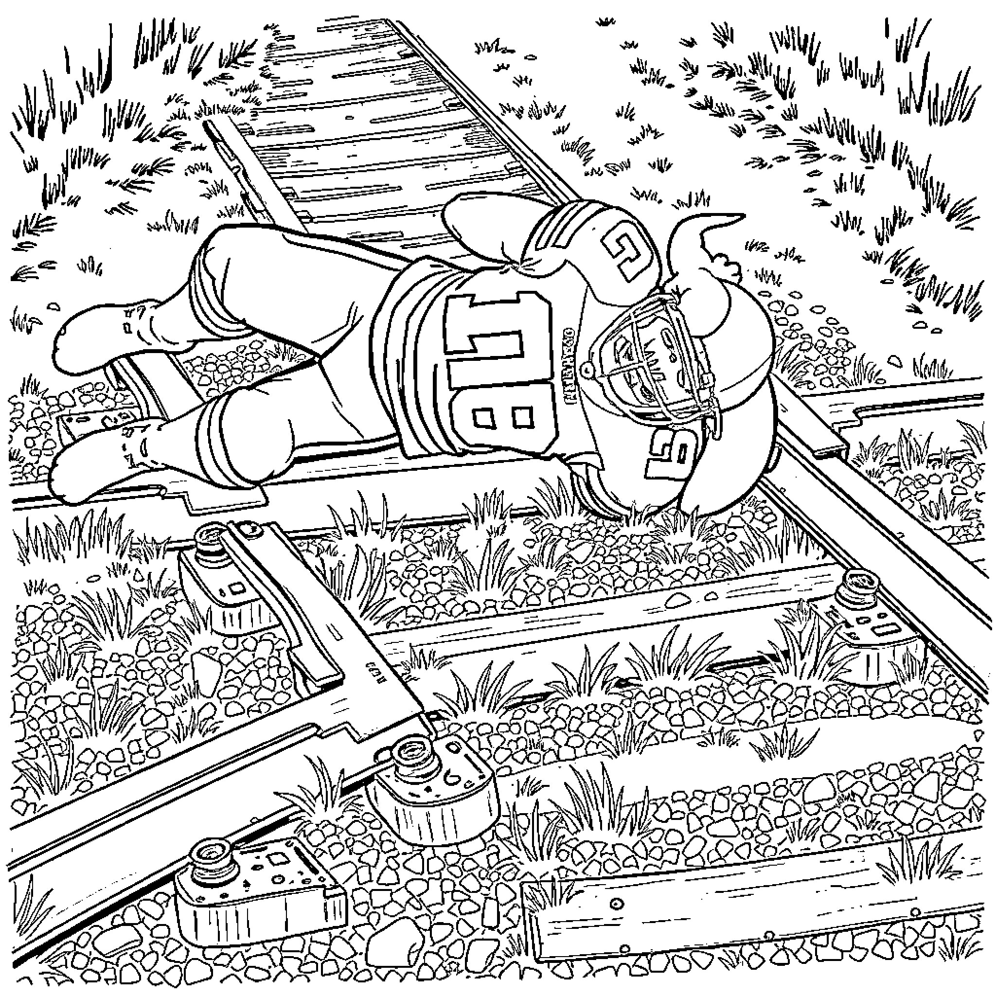 Vikings Player Lying Down in Grassy Field Coloring Page (free black-and-white line drawing printable PDF for all, from beginners to advanced learners, including children, teens, adults, and seniors)
