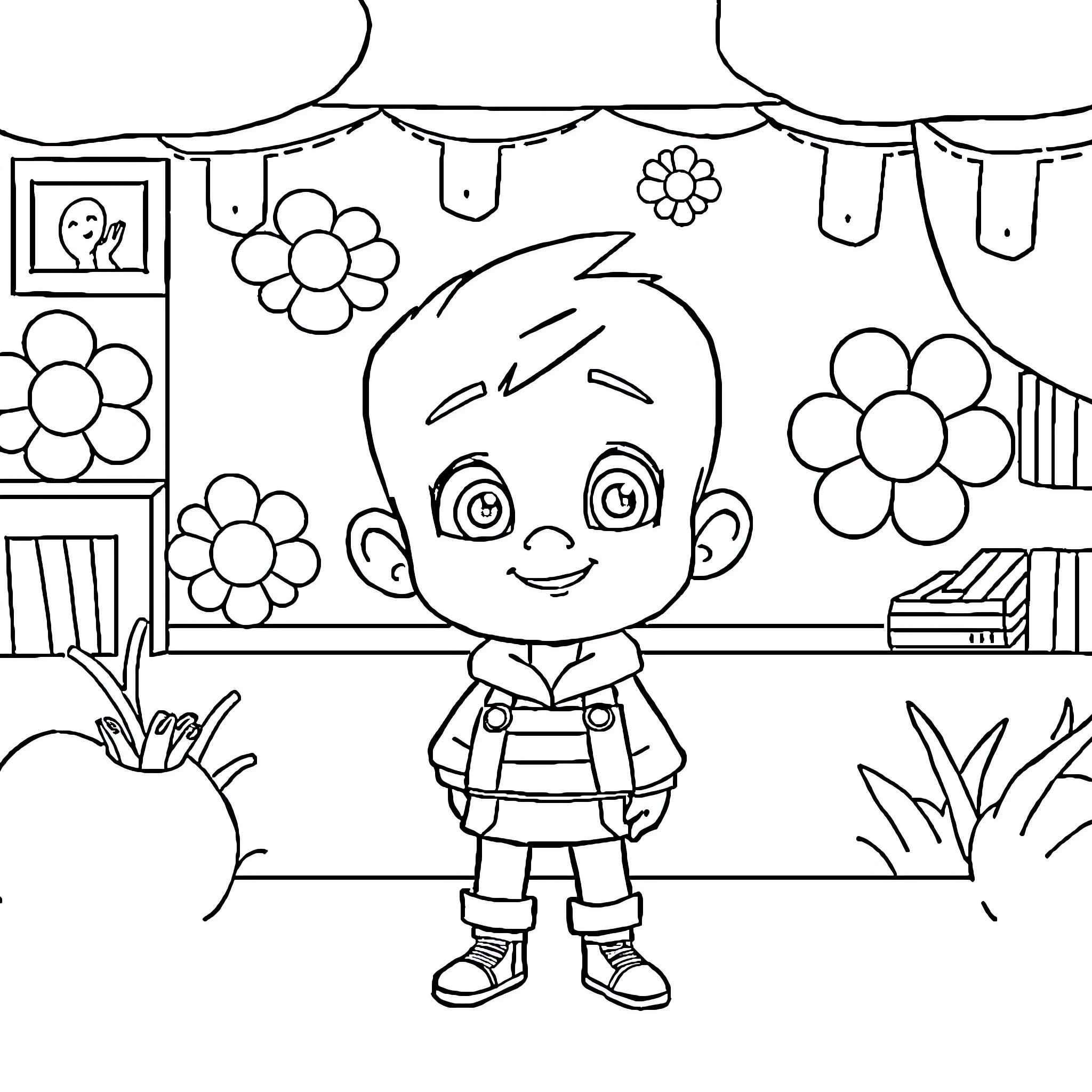 Jaiden Animation happy with flower decor Coloring Page (free black-and-white line drawing printable PDF for all, from beginners to advanced learners, including children, teens, adults, and seniors)