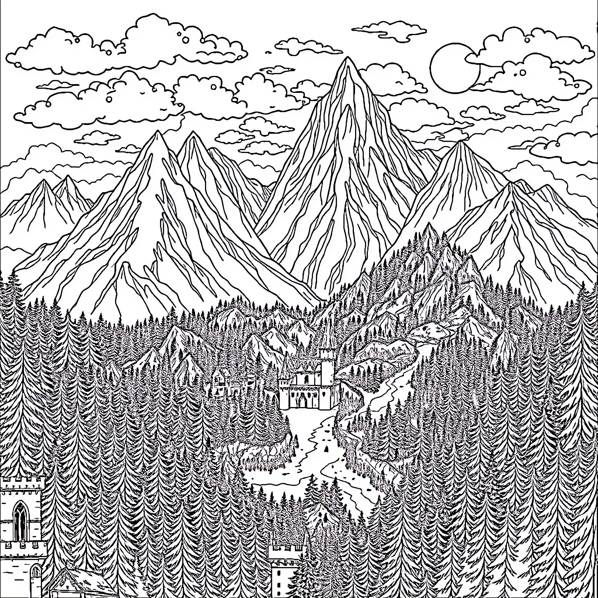 Map of Majestic Mountain Landscape Coloring Page (free black-and-white line drawing printable PDF for all, from beginners to advanced learners, including children, teens, adults, and seniors)