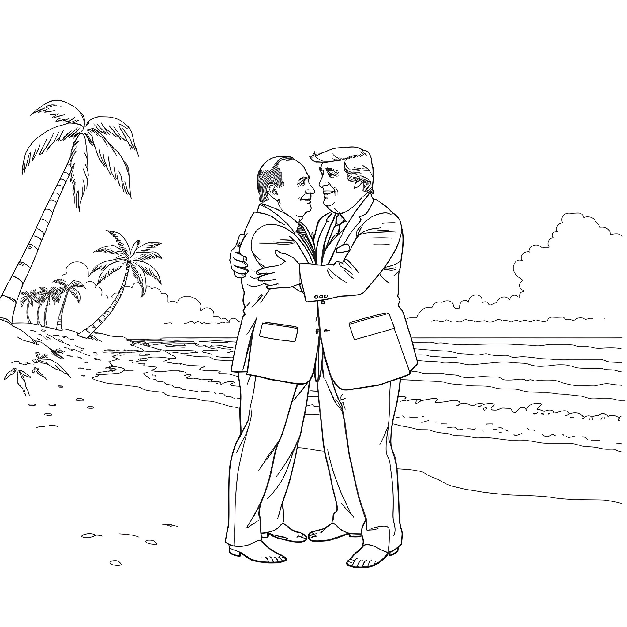 Putin and another man embracing on a tropical beach Coloring Page (free black-and-white line drawing printable PDF for all, from beginners to advanced learners, including children, teens, adults, and seniors)