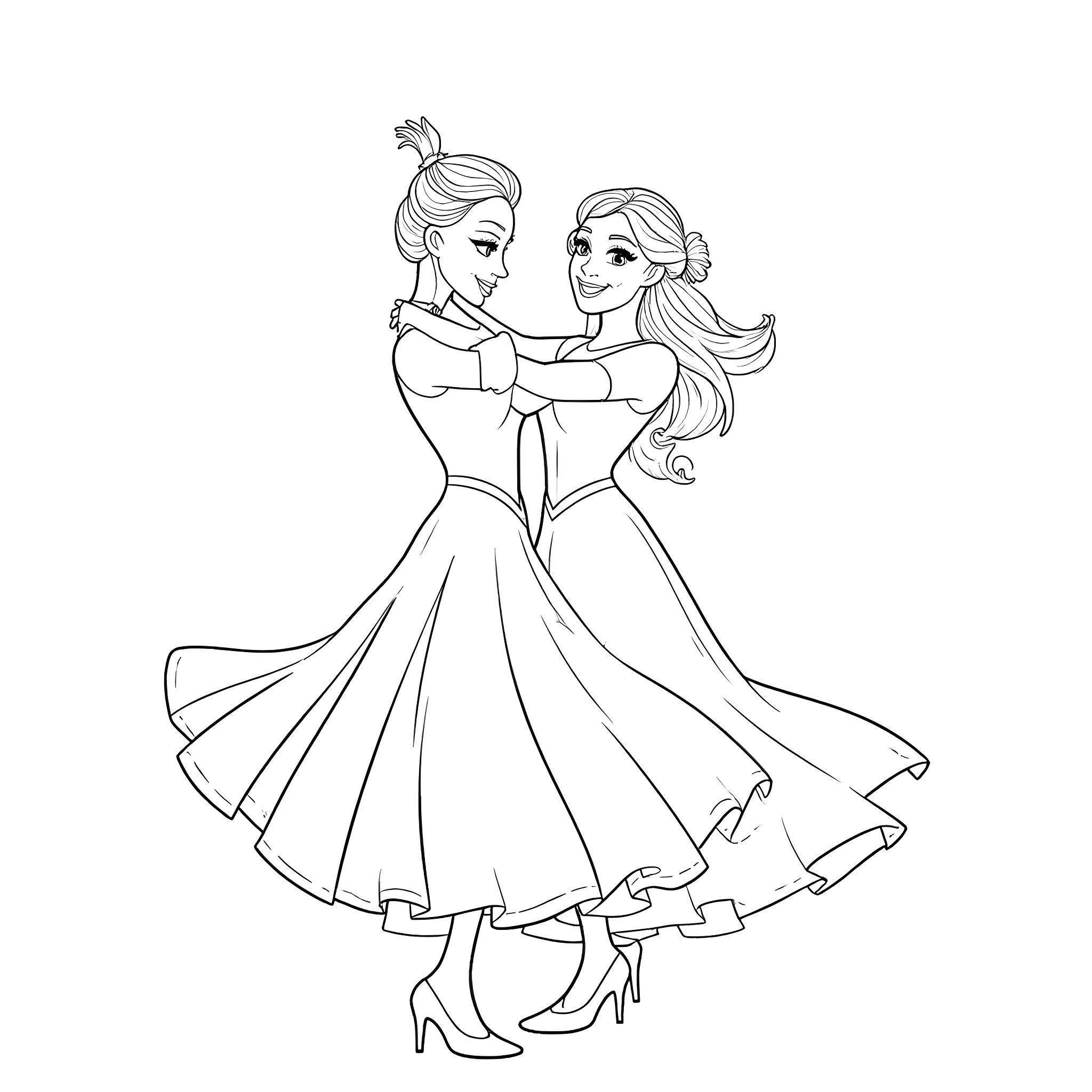 Elsa and Anna dancing together in elegant dresses Coloring Page (free black-and-white line drawing printable PDF for all, from beginners to advanced learners, including children, teens, adults, and seniors)