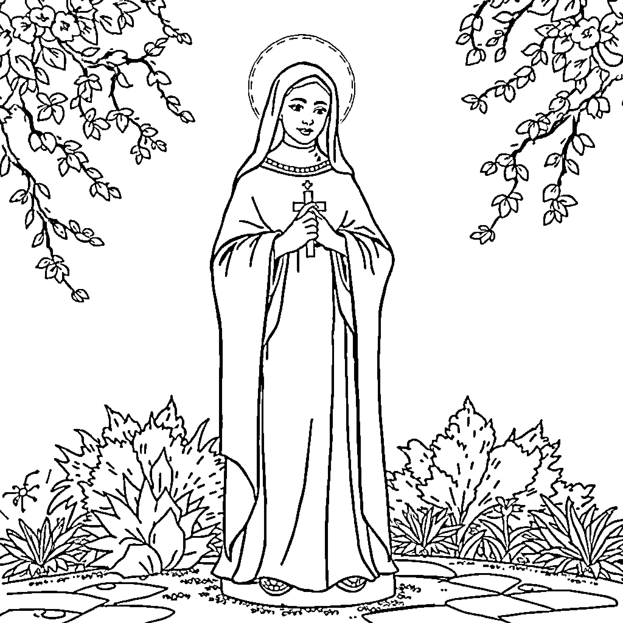 St. Rita in Contemplative Prayer in the Garden Coloring Page (free black-and-white line drawing printable PDF for all, from beginners to advanced learners, including children, teens, adults, and seniors)