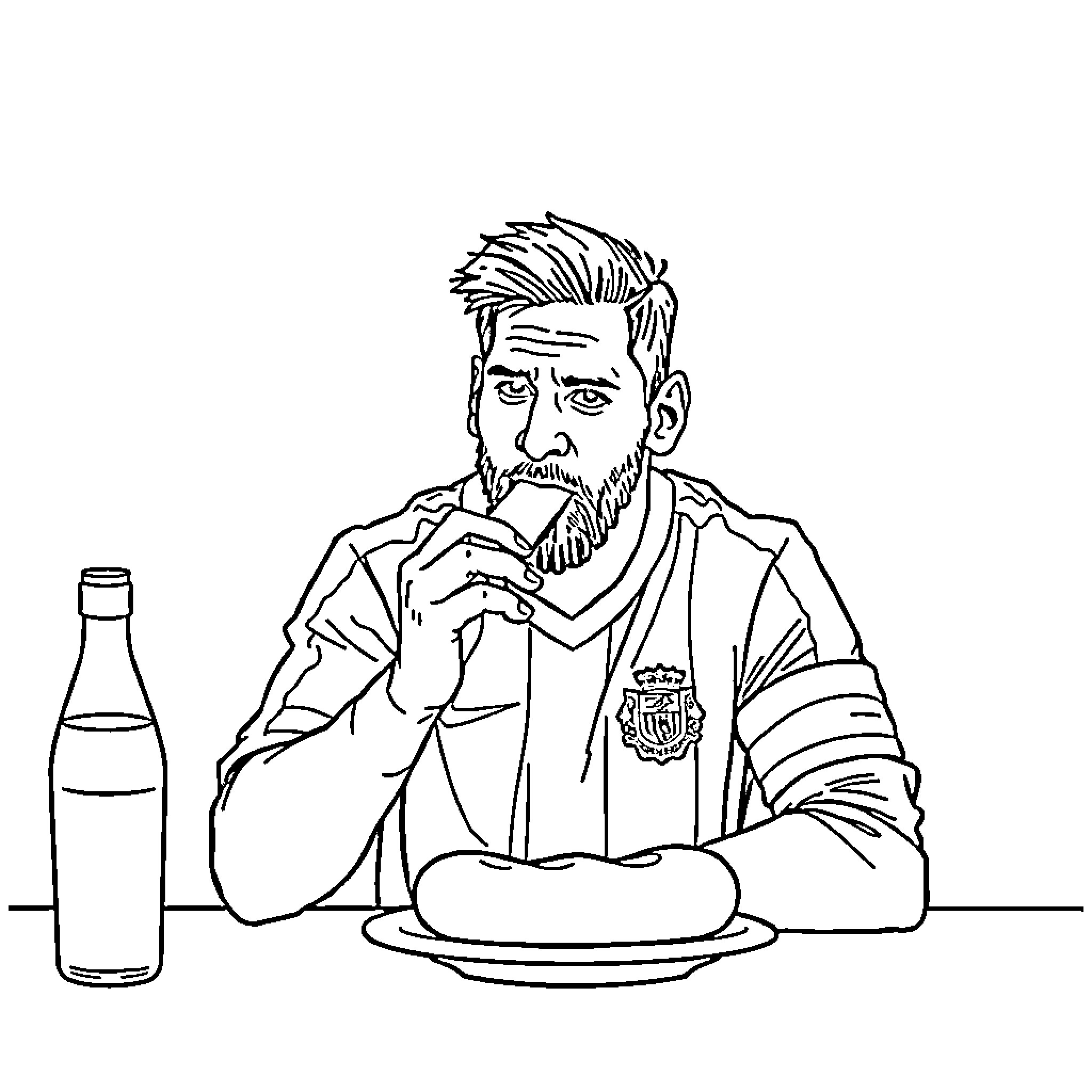 Messi contemplating a meal with soccer jersey Coloring Page (free black-and-white line drawing printable PDF for all, from beginners to advanced learners, including children, teens, adults, and seniors)