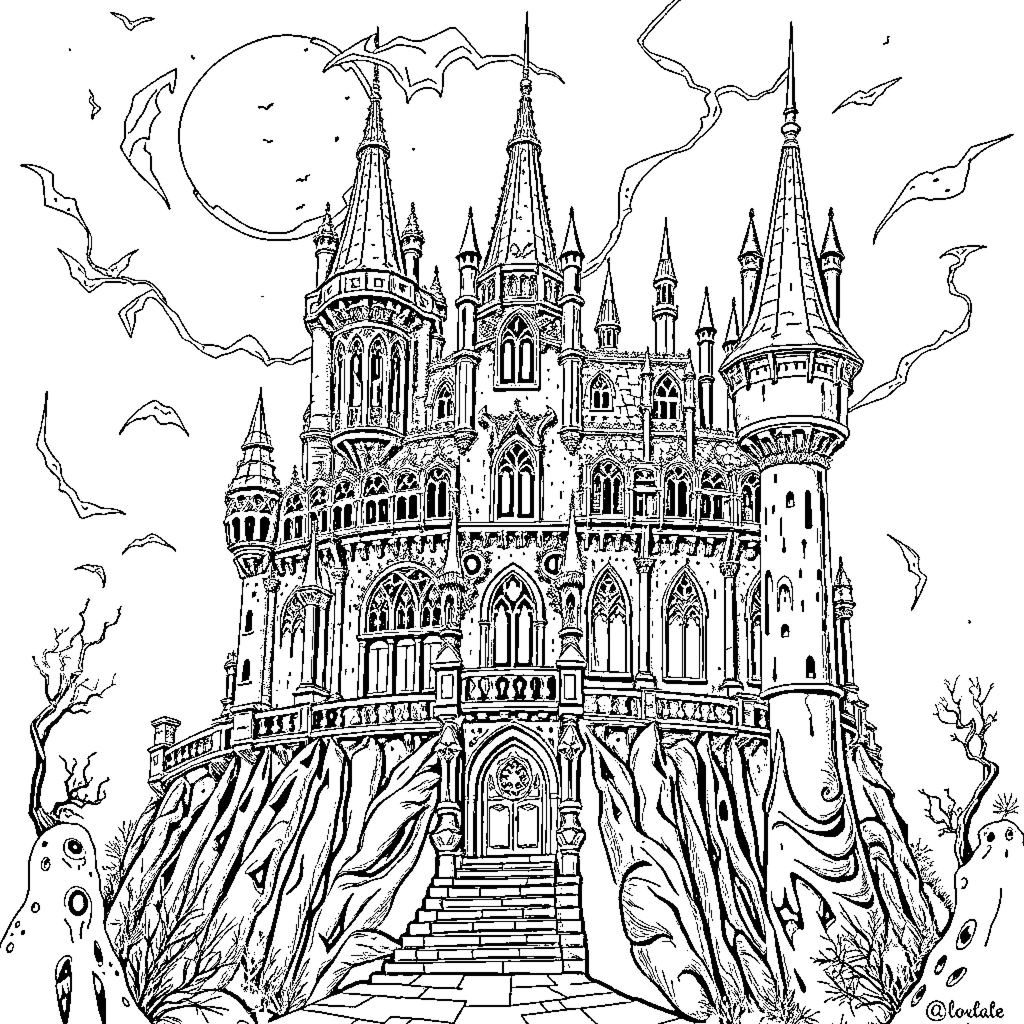 Castle of Enchantment Amidst Mysterious Surroundings Coloring Page (free black-and-white line drawing printable PDF for all, from beginners to advanced learners, including children, teens, adults, and seniors)