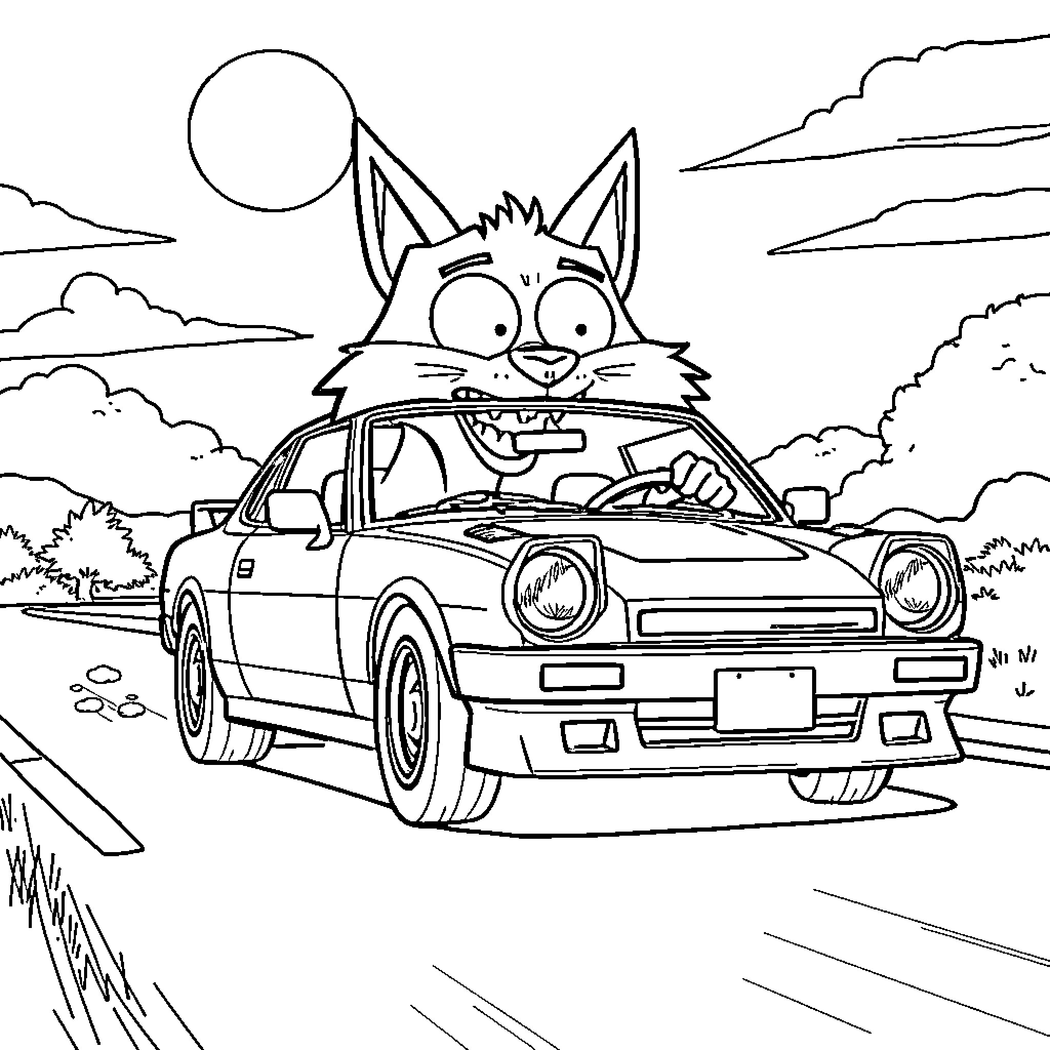 Nissan S13 with a cat passenger on the road Coloring Page (free black-and-white line drawing printable PDF for all, from beginners to advanced learners, including children, teens, adults, and seniors)