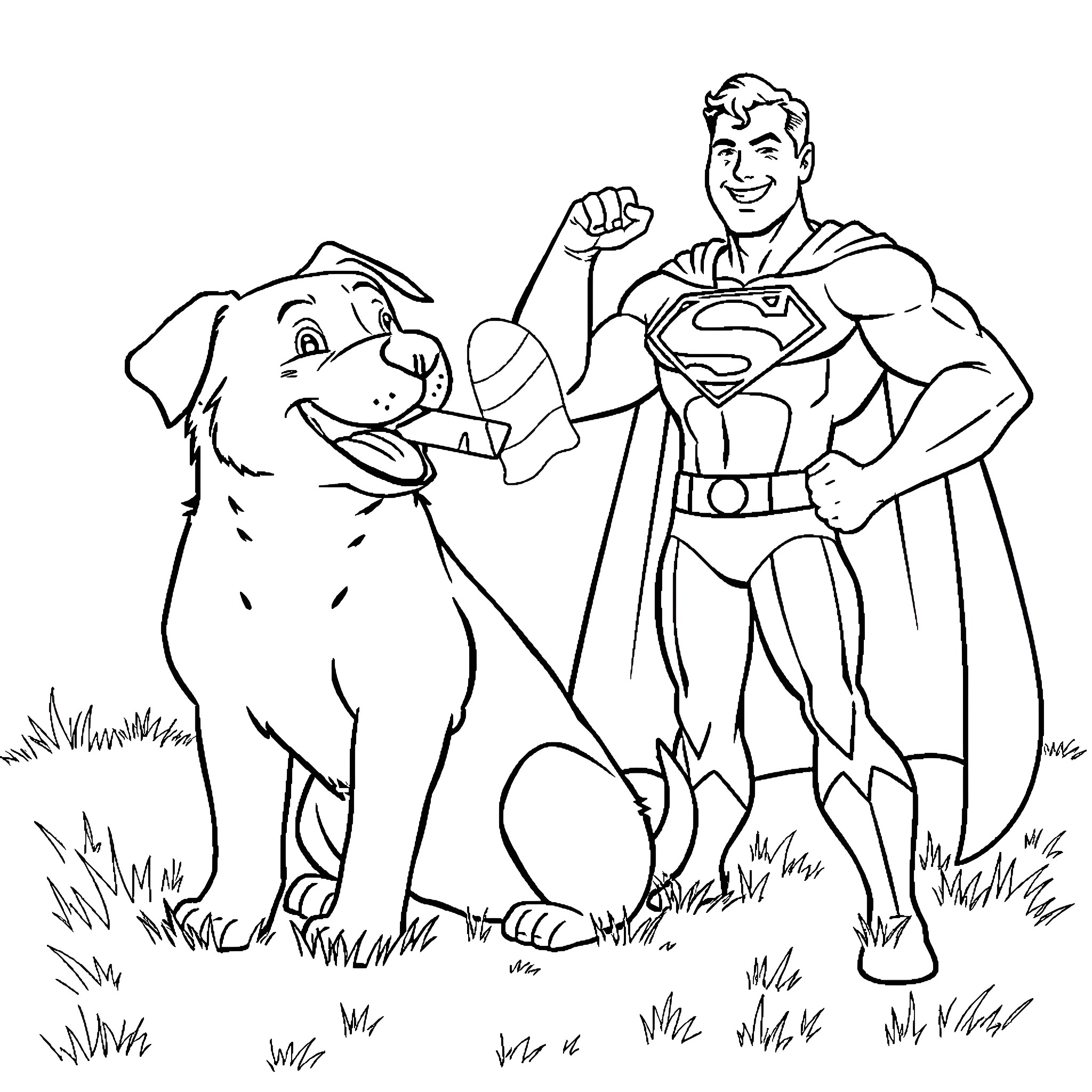 Dog playing with superhero in the field Coloring Page (free black-and-white line drawing printable PDF for all, from beginners to advanced learners, including children, teens, adults, and seniors)