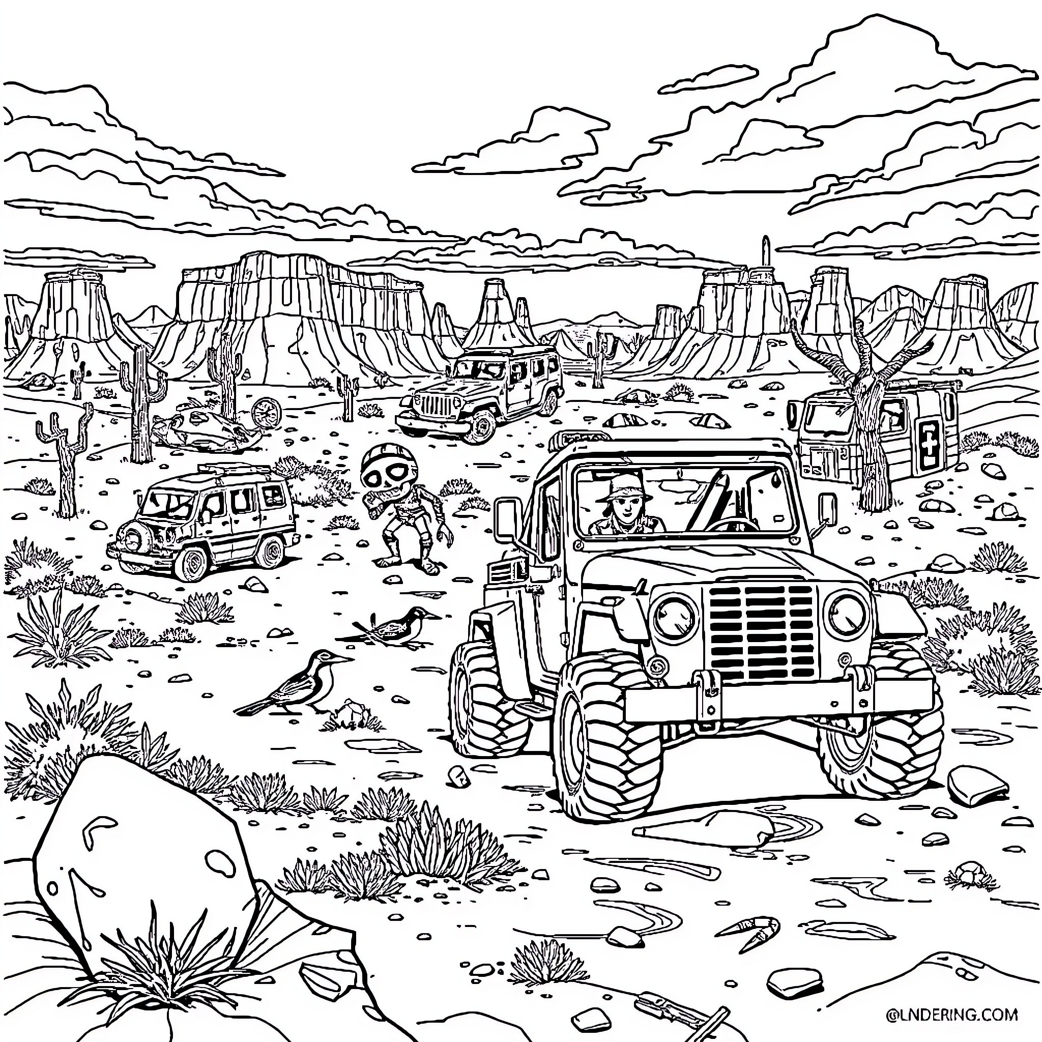 Borderlands: Off-Road Adventure in the Desert Landscape Coloring Page (free black-and-white line drawing printable PDF for all, from beginners to advanced learners, including children, teens, adults, and seniors)