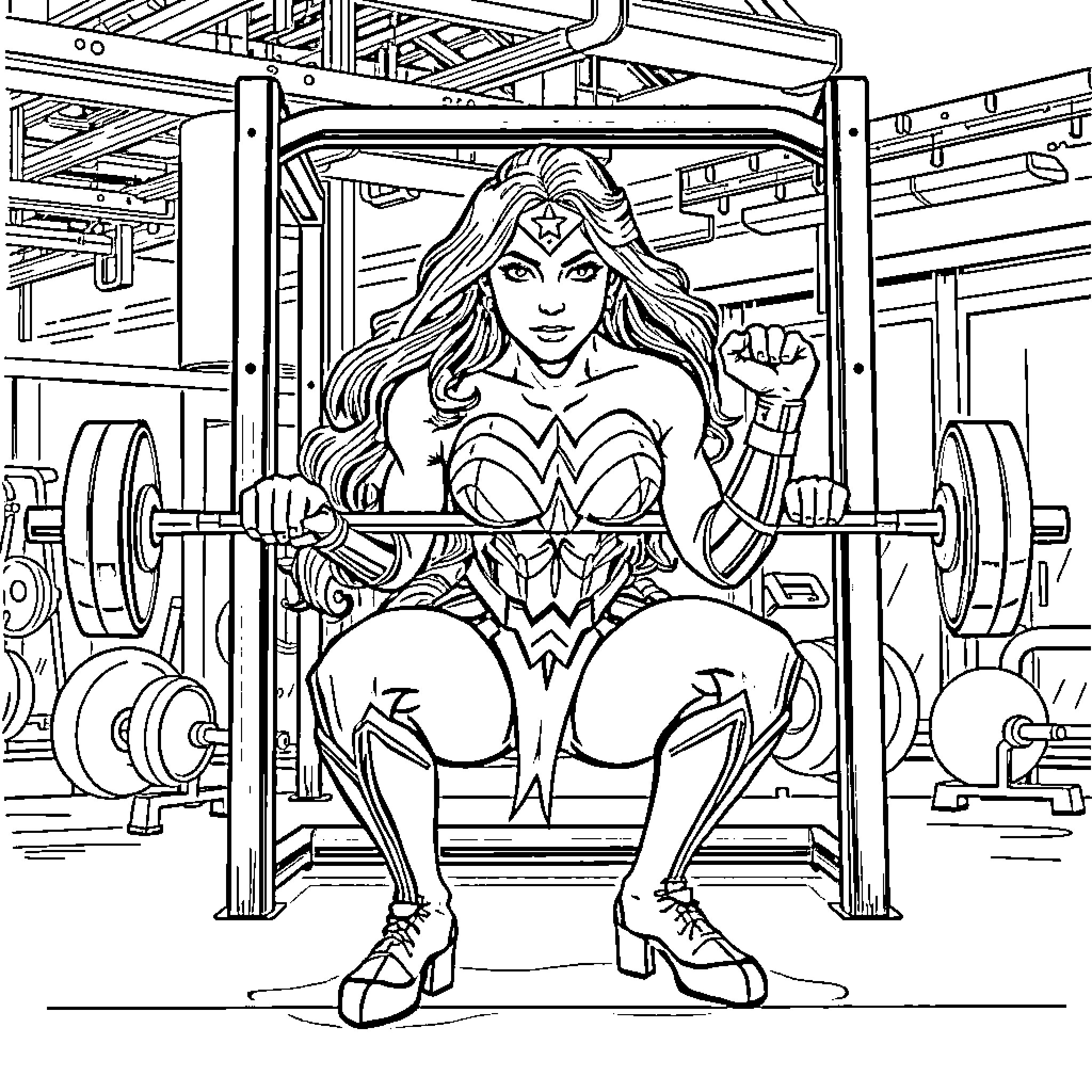 Wonder Woman Lifting Weights with Determination Coloring Page (free black-and-white line drawing printable PDF for all, from beginners to advanced learners, including children, teens, adults, and seniors)