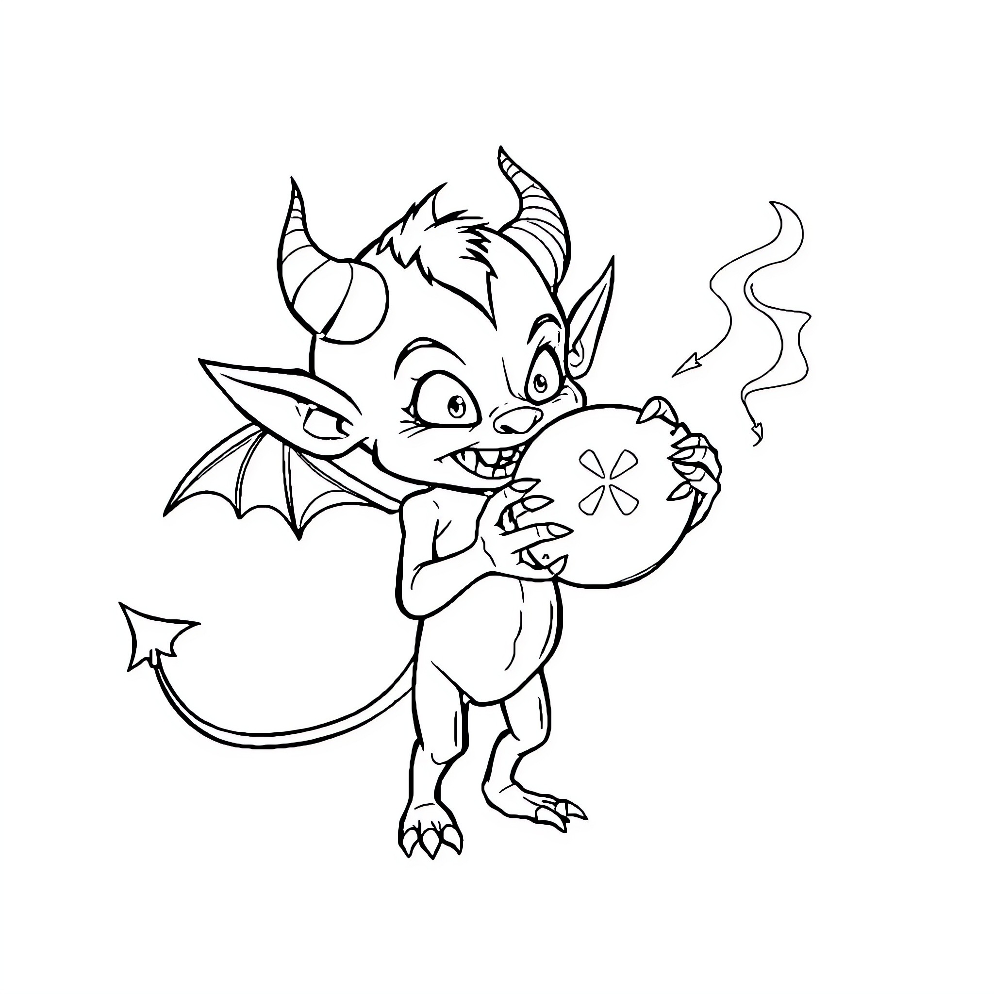 Demon creature with smoking clover Coloring Page (free black-and-white line drawing printable PDF for all, from beginners to advanced learners, including children, teens, adults, and seniors)