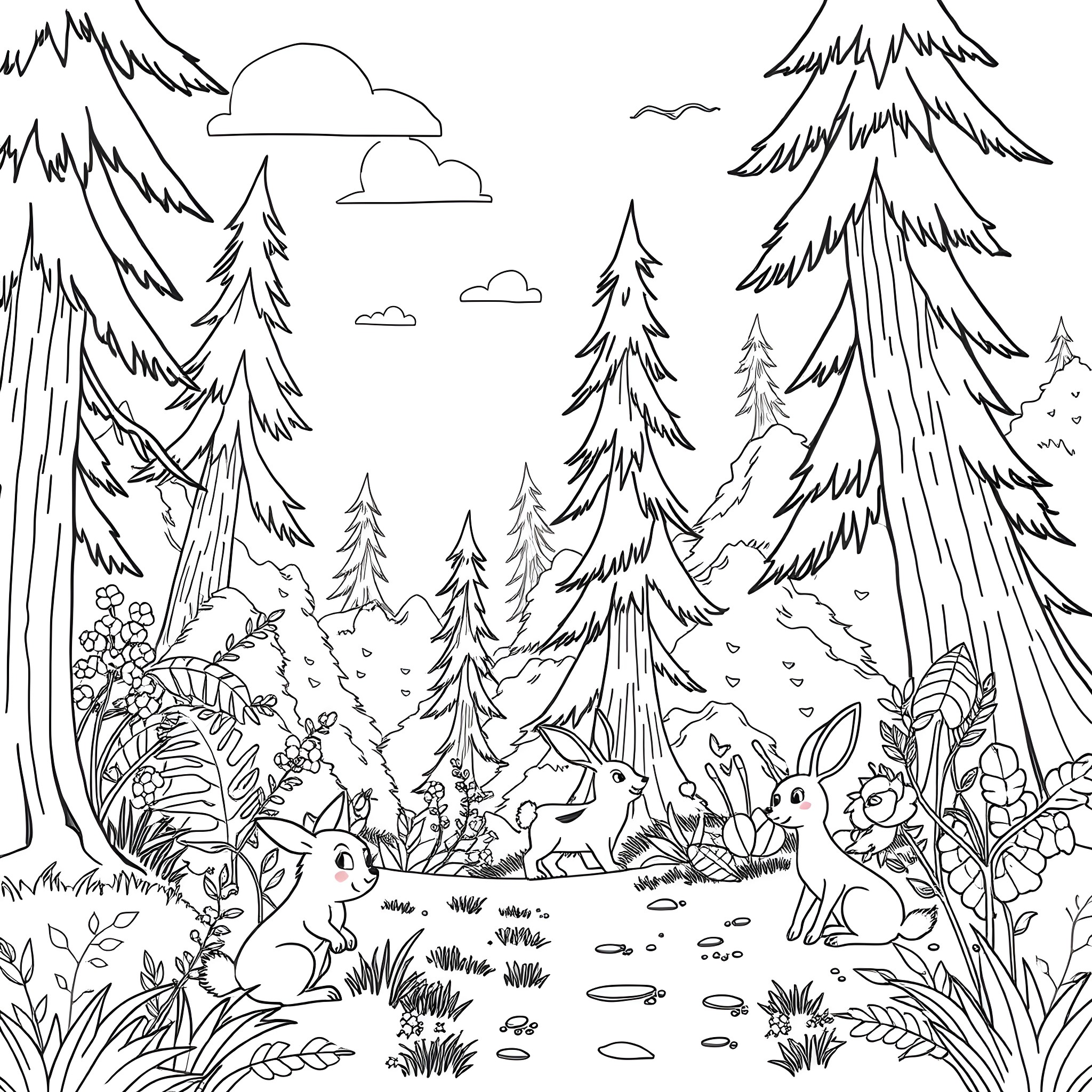 Animal forest with wildlife in the scenery Coloring Page (free black-and-white line drawing printable PDF for all, from beginners to advanced learners, including children, teens, adults, and seniors)