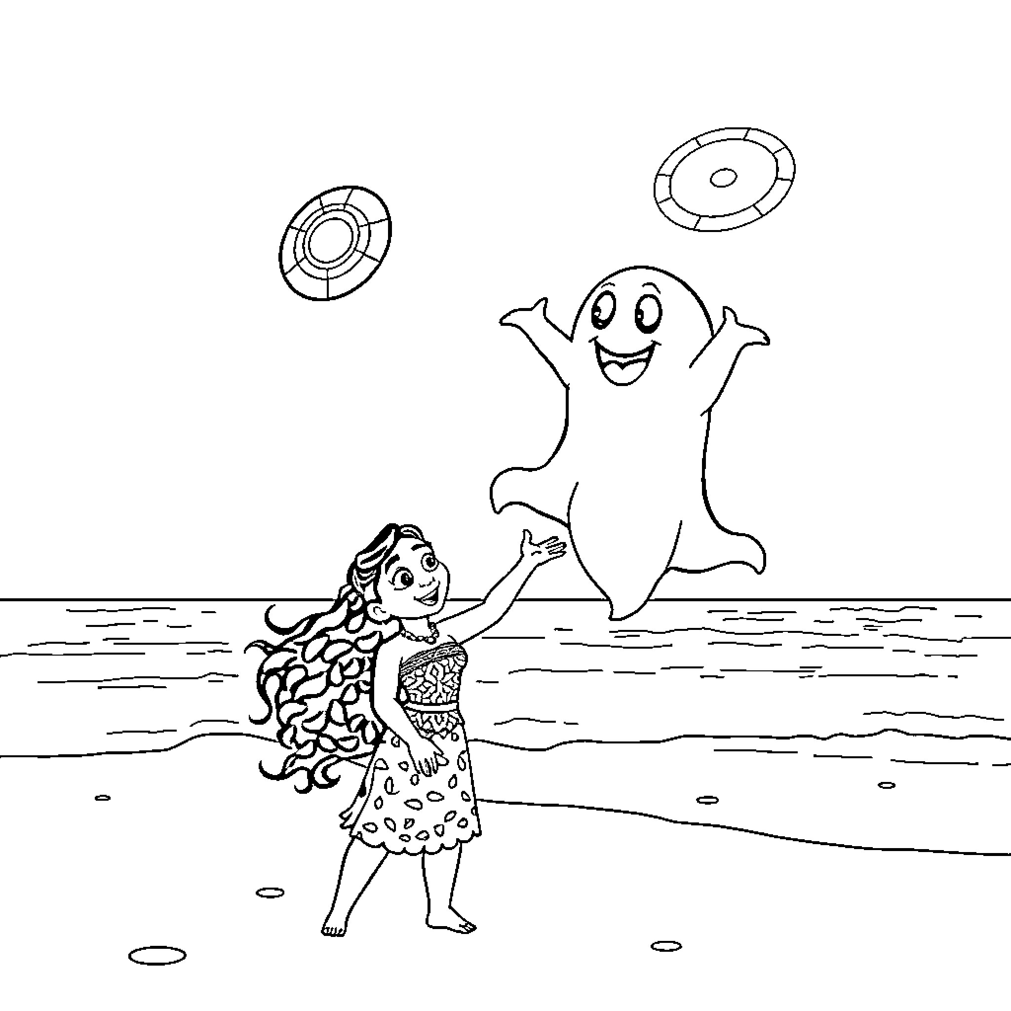 Moana interacting with a friendly ghost by the sea Coloring Page (free black-and-white line drawing printable PDF for all, from beginners to advanced learners, including children, teens, adults, and seniors)