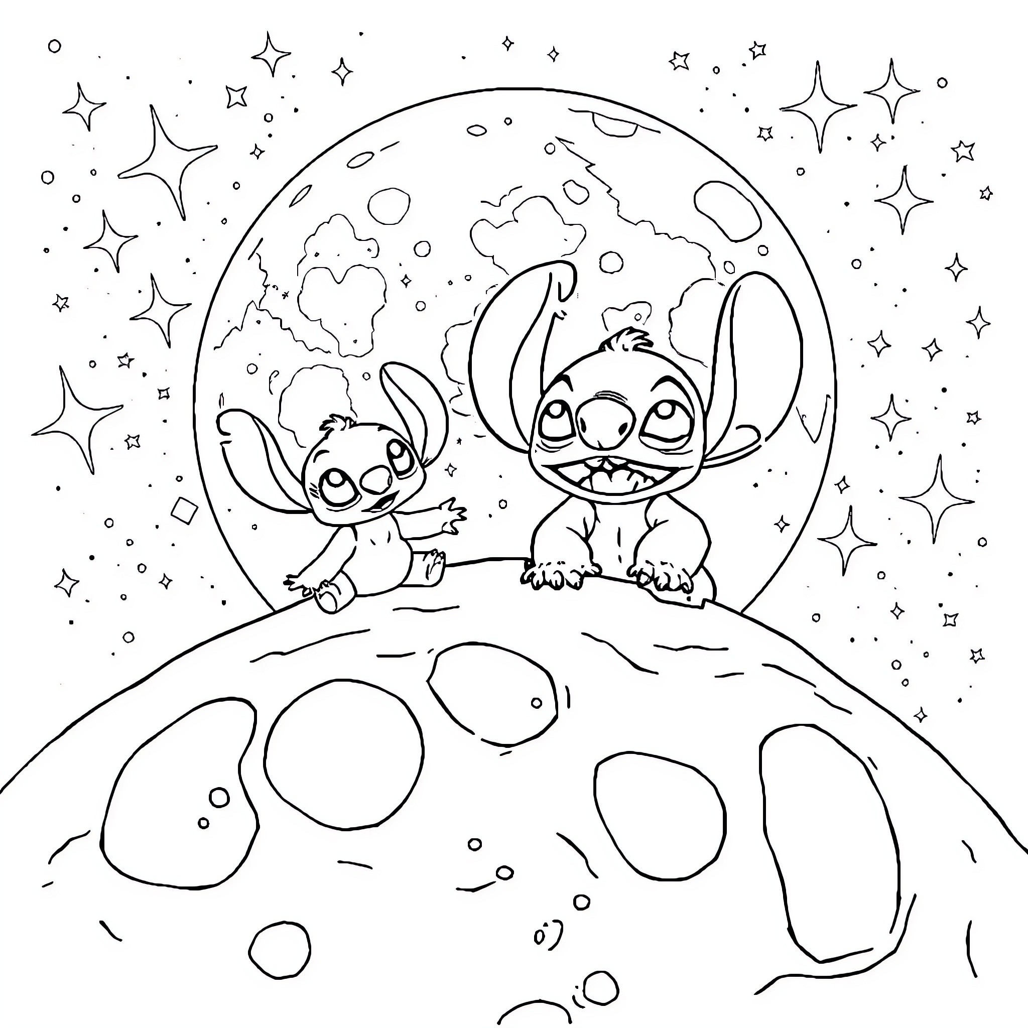 Lilo and Stitch explore the starry night sky Coloring Page (free black-and-white line drawing printable PDF for all, from beginners to advanced learners, including children, teens, adults, and seniors)