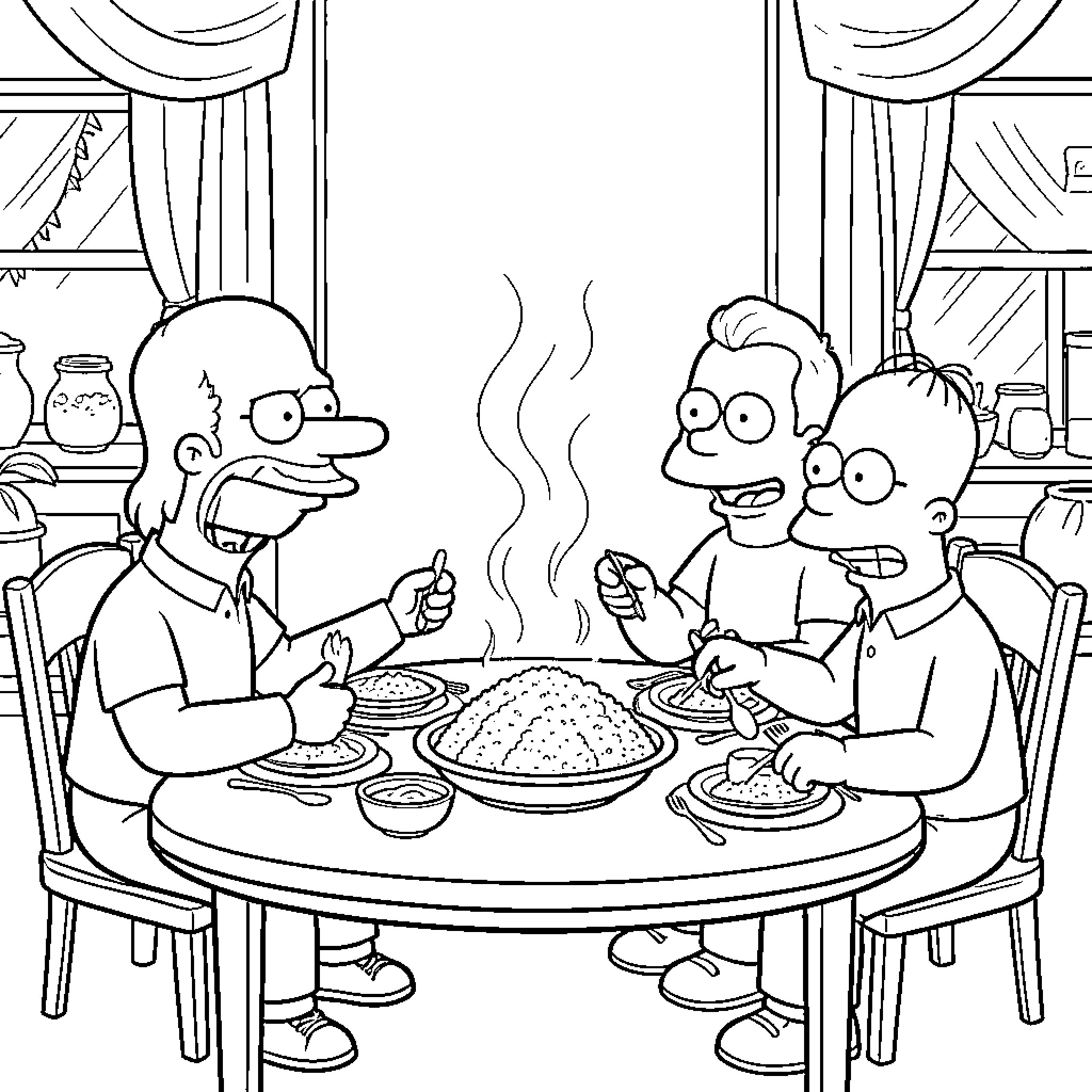 Simpson characters enjoying a meal around a dining table Coloring Page (free black-and-white line drawing printable PDF for all, from beginners to advanced learners, including children, teens, adults, and seniors)