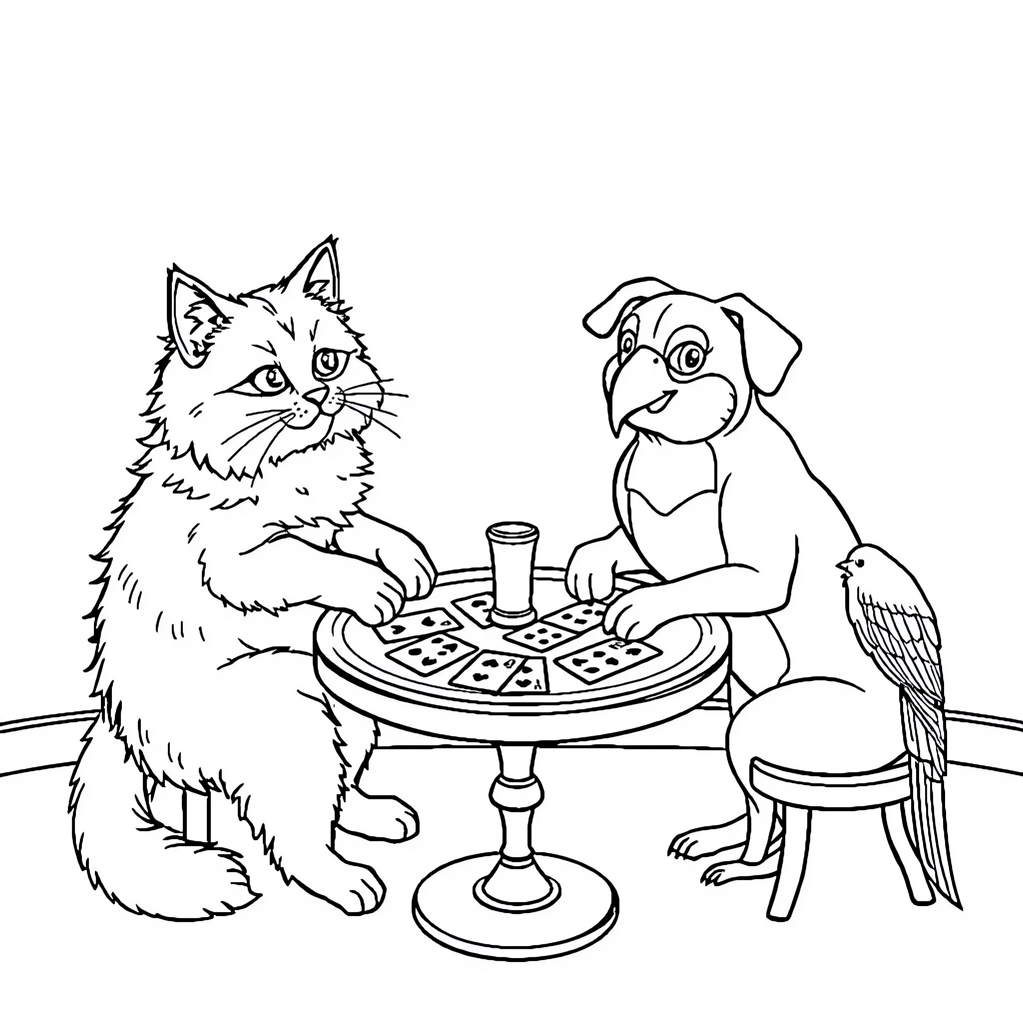 Cat and Dog Playing Board Game Together Coloring Page (free black-and-white line drawing printable PDF for all, from beginners to advanced learners, including children, teens, adults, and seniors)